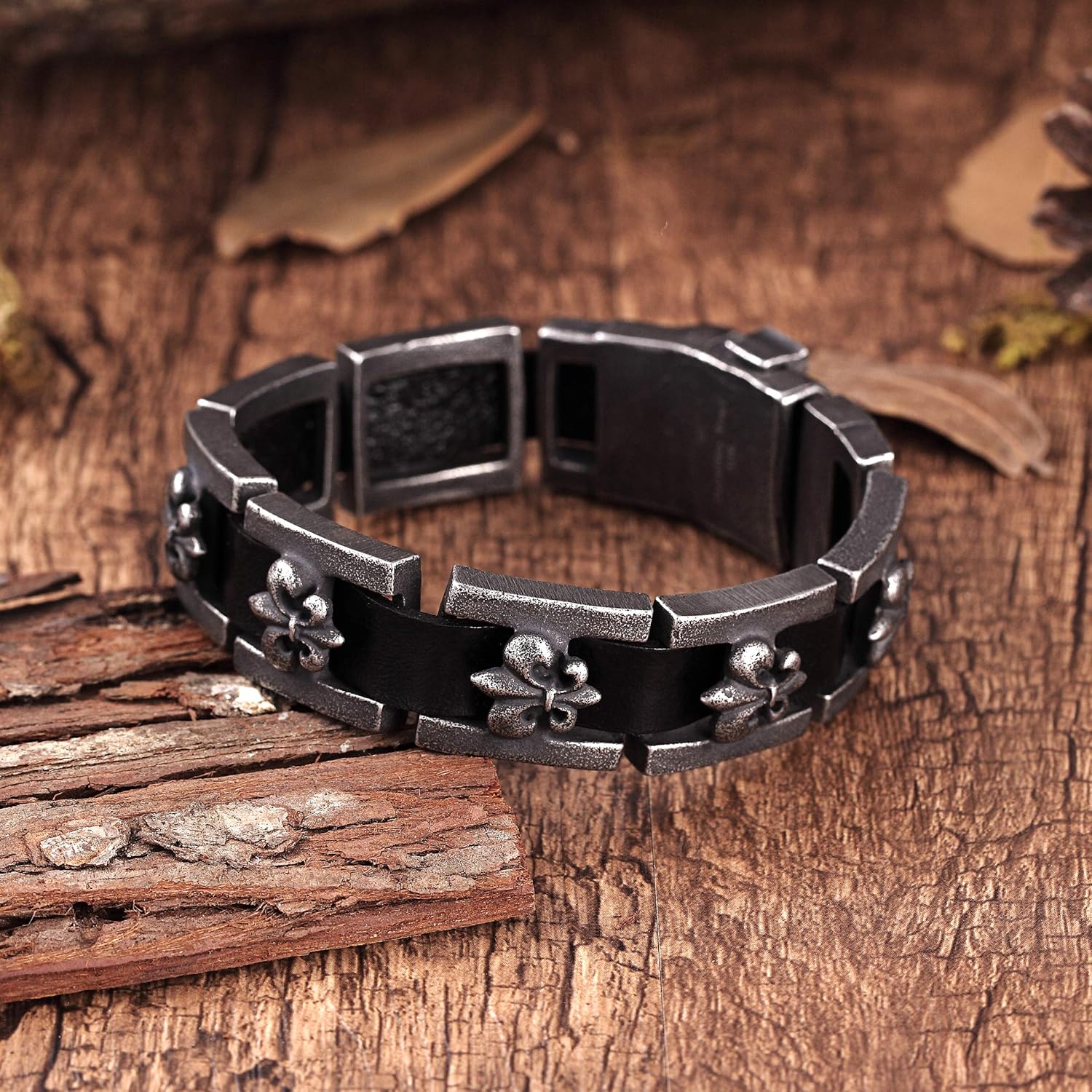 Modern Men’s Bracelet – Interlocking Box Chains with Fleur De Lis Emblem – Made of Comfy Genuine Leather & Stainless Steel – Black & Gun Metal Grey Color –Jewelry Gift or Accessory for Men