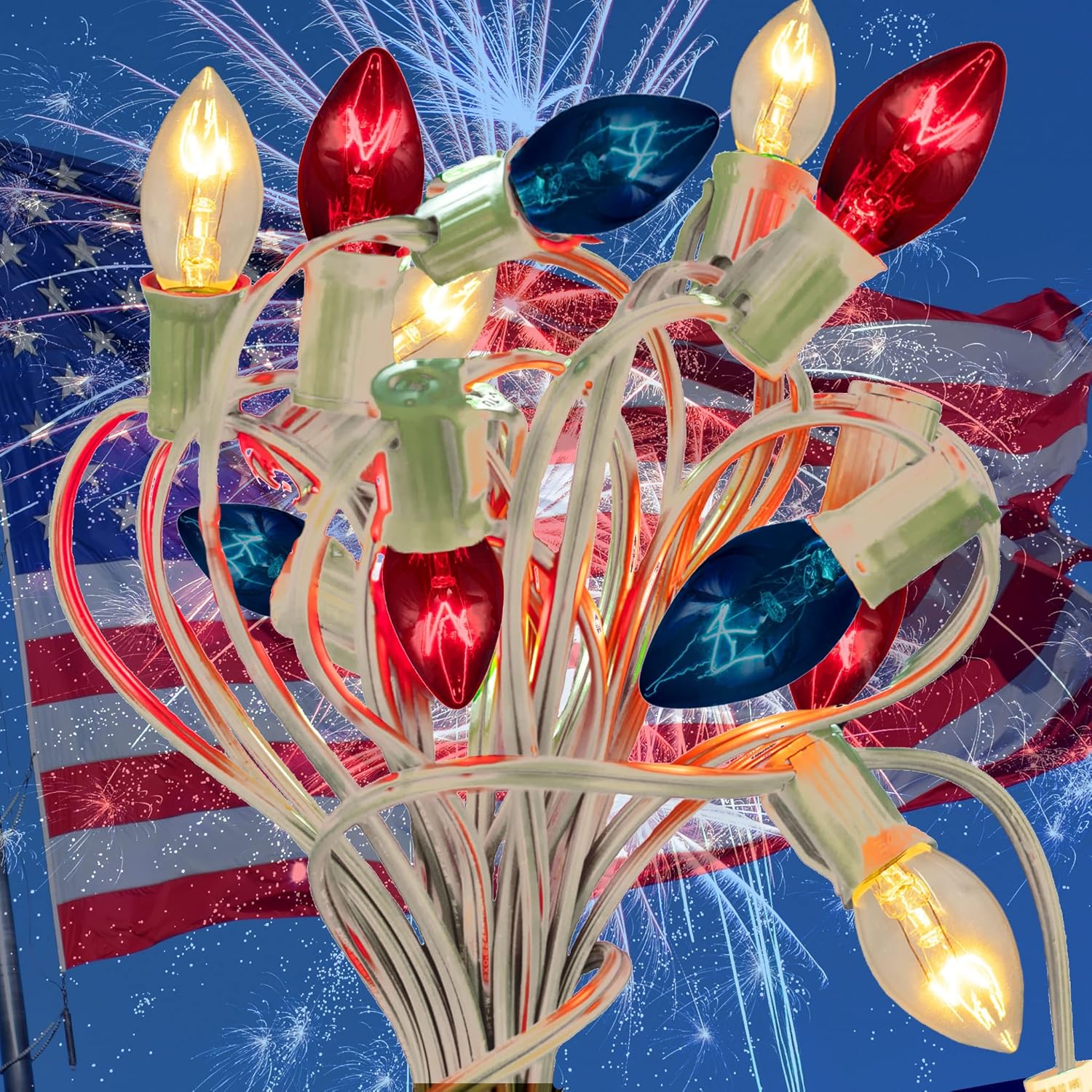 EST. LEE DISPLAY L D 1902 C7 4th of July Light Bulbs, Transparent Multi-Colored Christmas Lights, Red, White, and Blue Replacement Bulbs, C-7 E12 Steady, Box of 25 (Transparent Red White Blue)