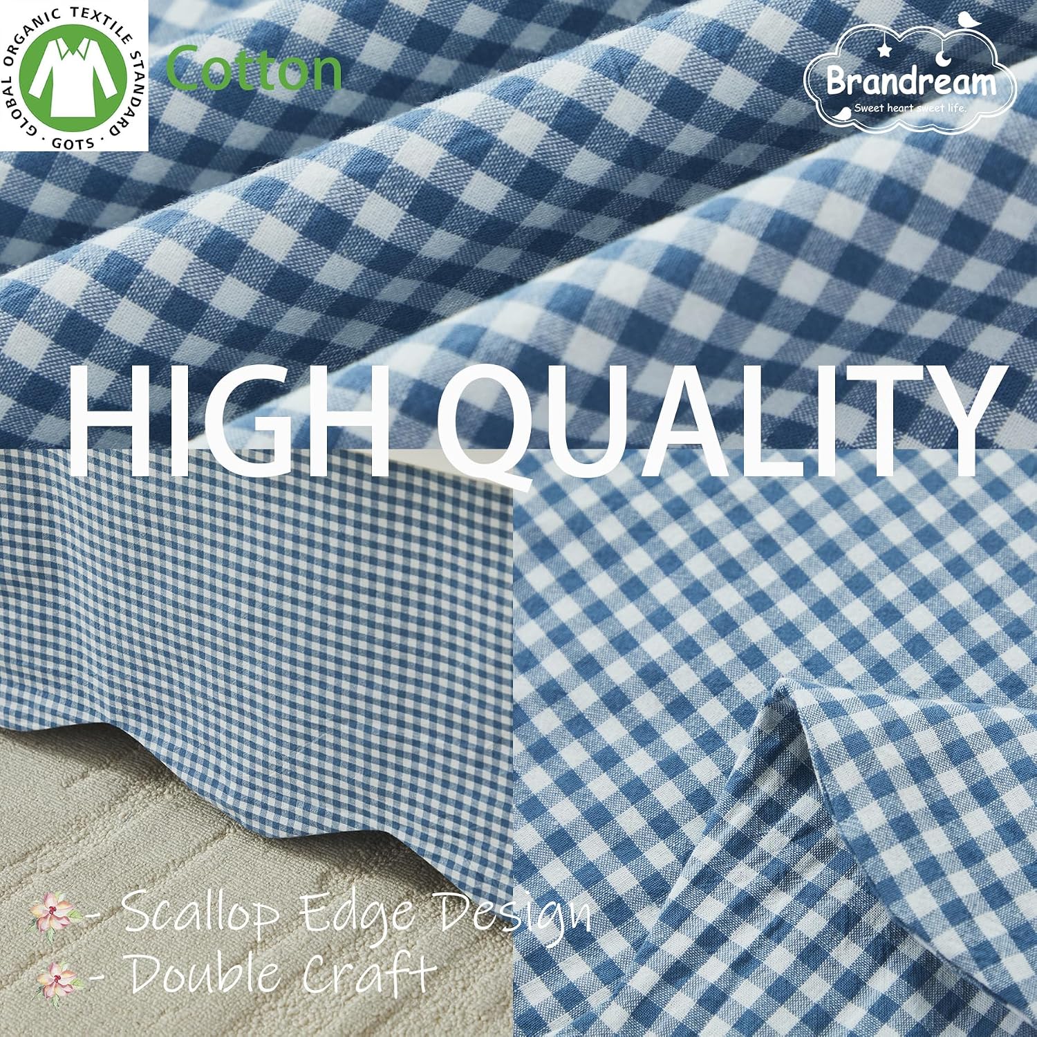 Brandream Scallop Edge Cotton Crib Skirt Toddler Bedskirt Baby Nursery Crib Bed Skirt Boho Bohemian Neutral Solid Color Farmhouse Chic Vintage Blue Gingham Bohemian Nursery Decor Skirt