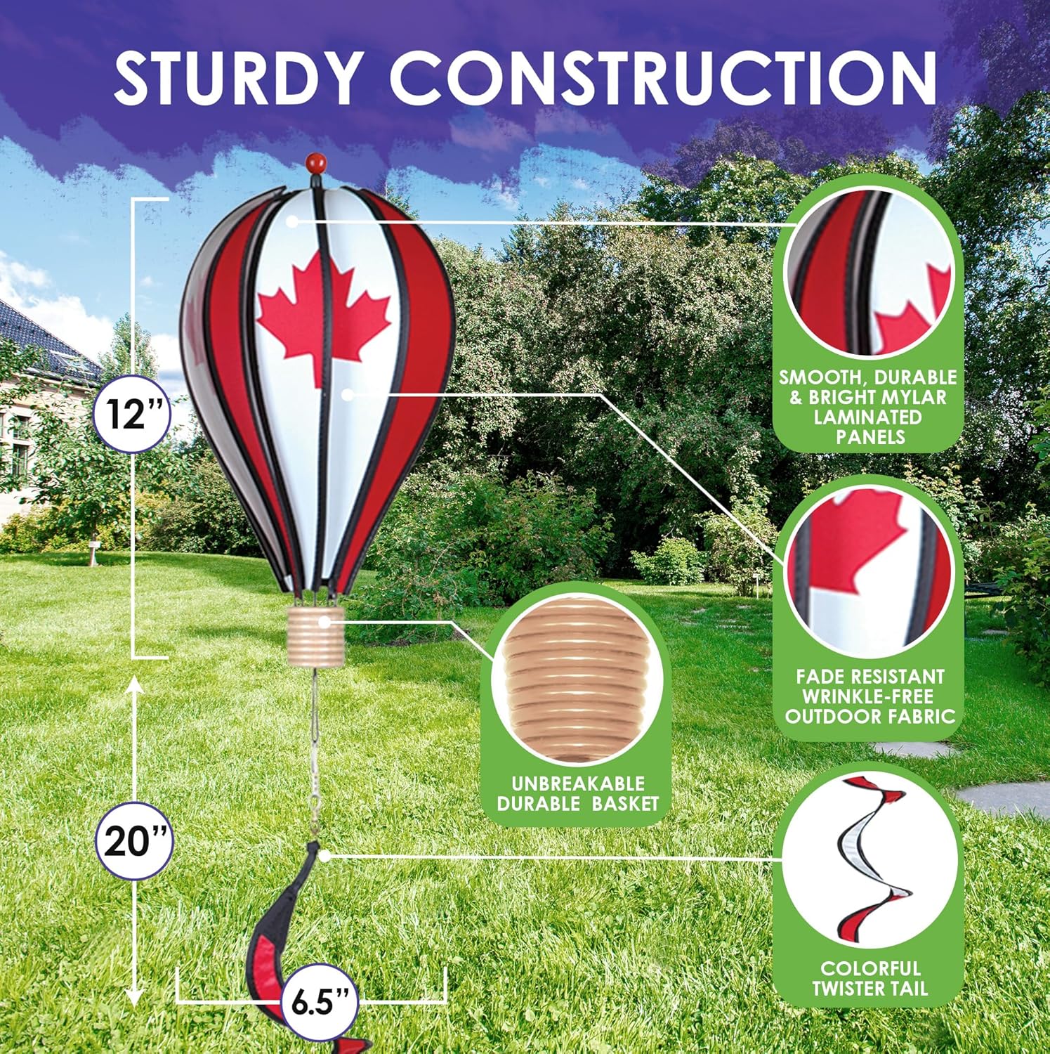 Hot Air Balloon Hanging Garden Spinner 12" - Vibrant Canadian Flag Design, Weather-Resistant Outdoor Decor, Durable & Lightweight for Patios, Yards, and Gardens - Eye-Catching Wind Spinner