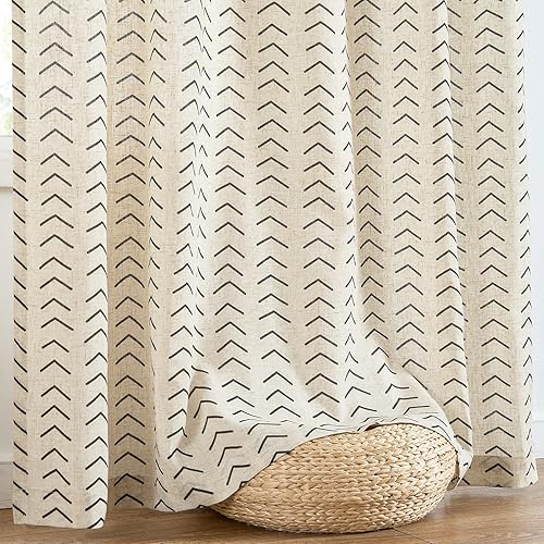 Miniatura 9 de jinchan Cortinas de lino estampadas, 63 pulgadas de largo, 2 paneles de cortinas bohemias para sala de estar, cortinas de lino de lino negro,