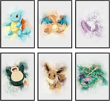 Amazon ポケモンウォールアート ポケモンポスター フレームなし 6枚セット 部屋の装飾プリント 8 X 10インチ 水彩アートポケモンポスター 男の子の部屋 女の子の寝室 子供のプレイルーム 男の子のコラージュ誕生日パーティーデコレーション インテリア オンライン通販