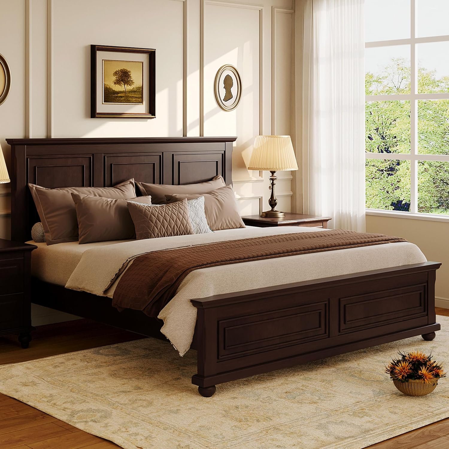 Merax King Size Bed Frames Traditional Town and Country Style Pinewood Vintage Bed,No Box Spring Needed,Brown