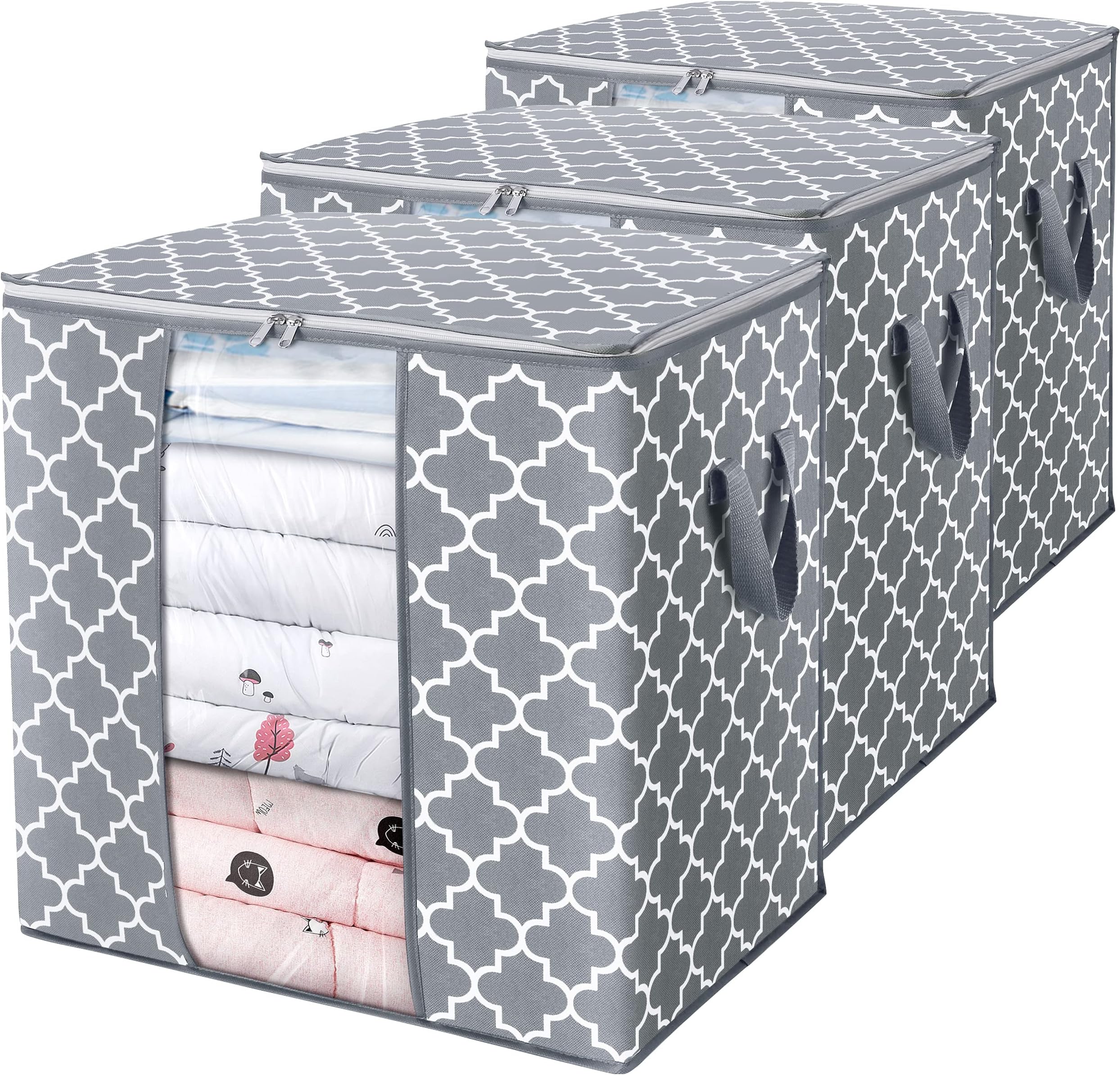 WISELIFE 3 Pack 100L Large Storage Bags for Blankets Clothes Bedding, Comforters, Foldable with Reinforced Handle, Clear Window, Sturdy Zippers, Light Gray