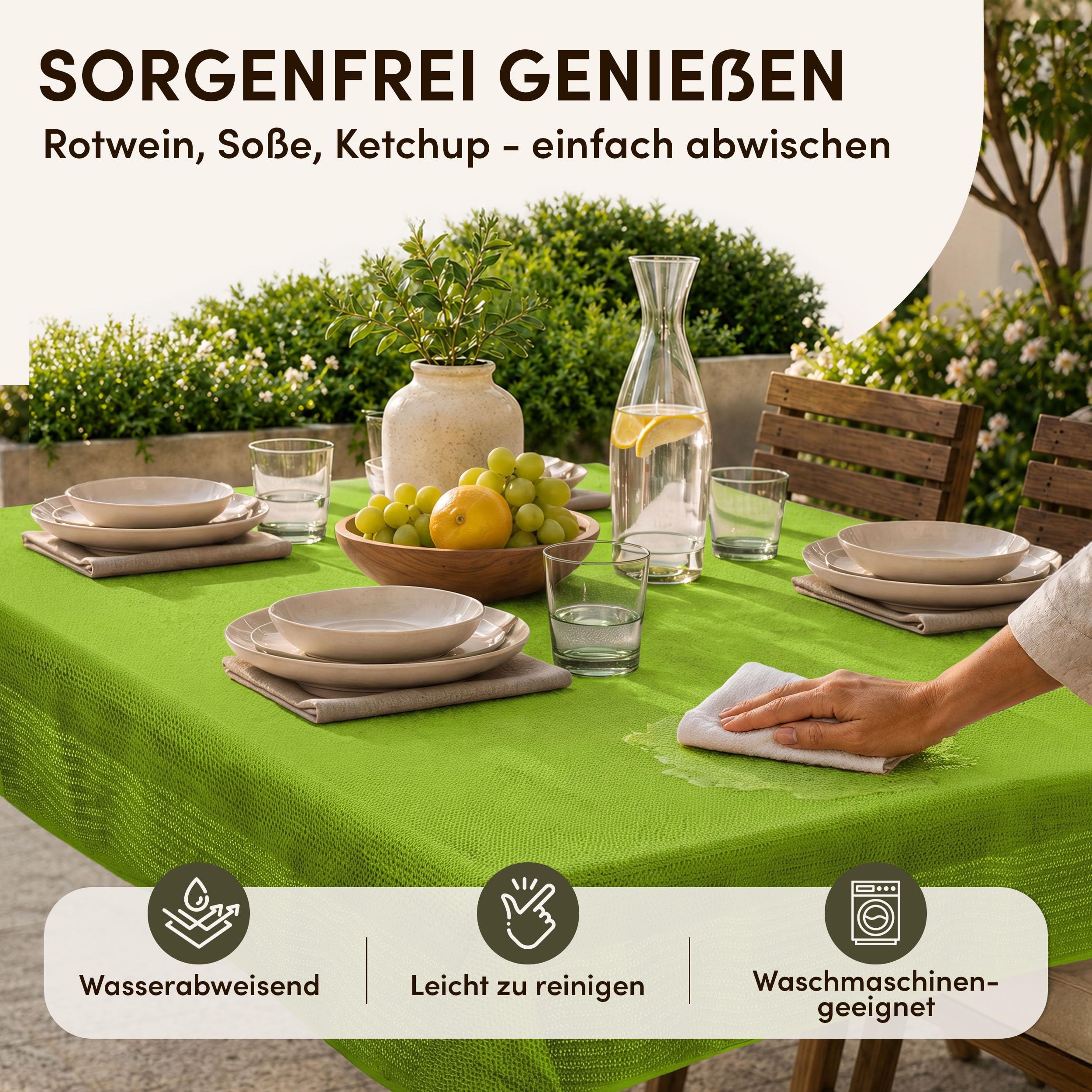 Tischdecke Outdoor Wetterfest - Gartentischdecke Oval 160x220 Grün | Rutschfest, UV-beständig, abwaschbar & bei 30°C waschbar