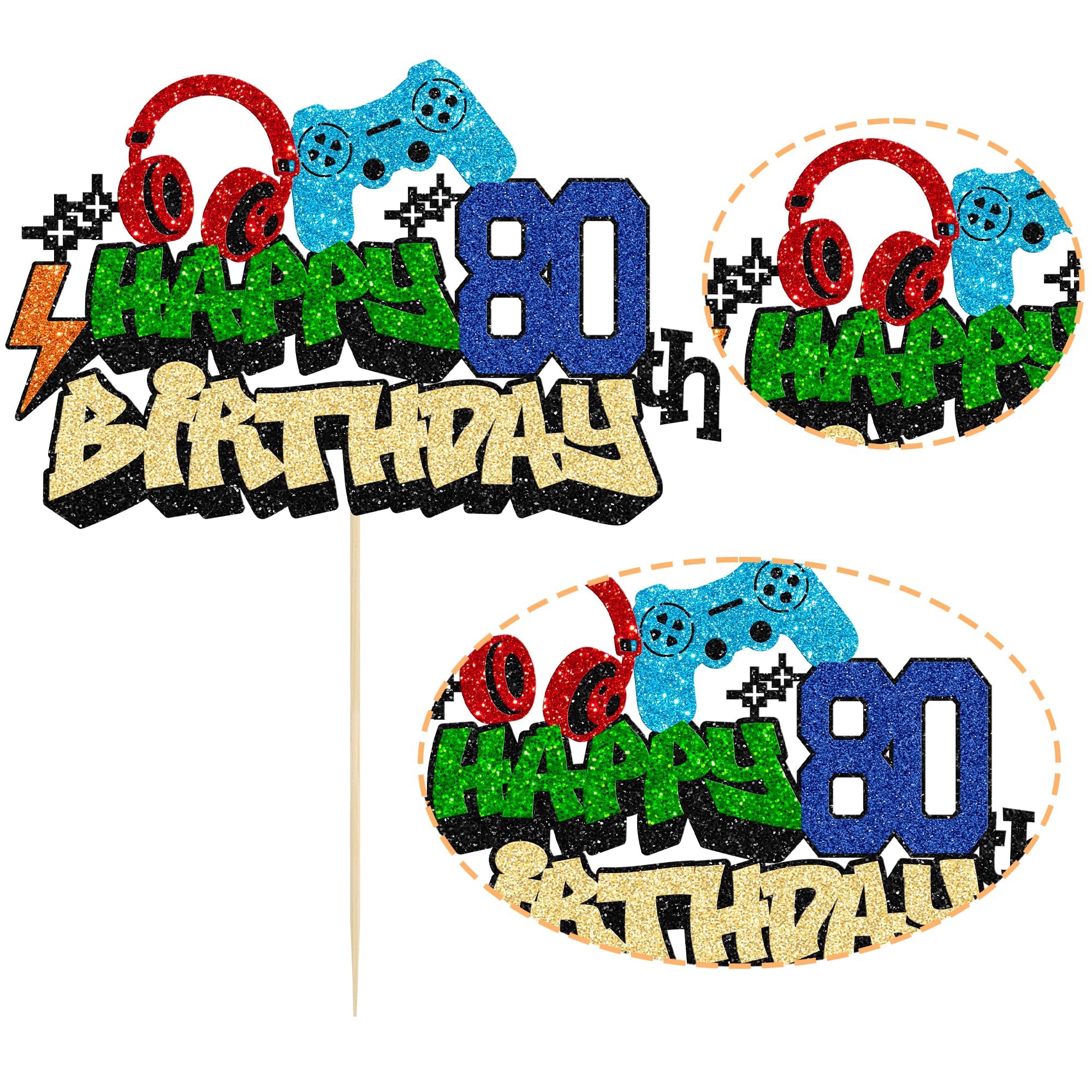 Gyufise 1Pcs Happy 80th Birthday Cake Topper Glitter Video Game Cake Pick Game On Controllers Eighteen Cheers to 18 Years Cake Decoration for Game Theme Happy 80th Birthday Party Supplies 2