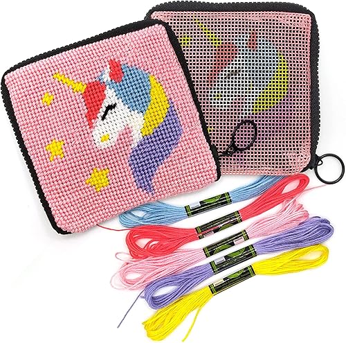 Kit de cartera de punto de aguja preimpreso para niños, juego de manualidades y bordado de punto de cruz para coser (unicornio)