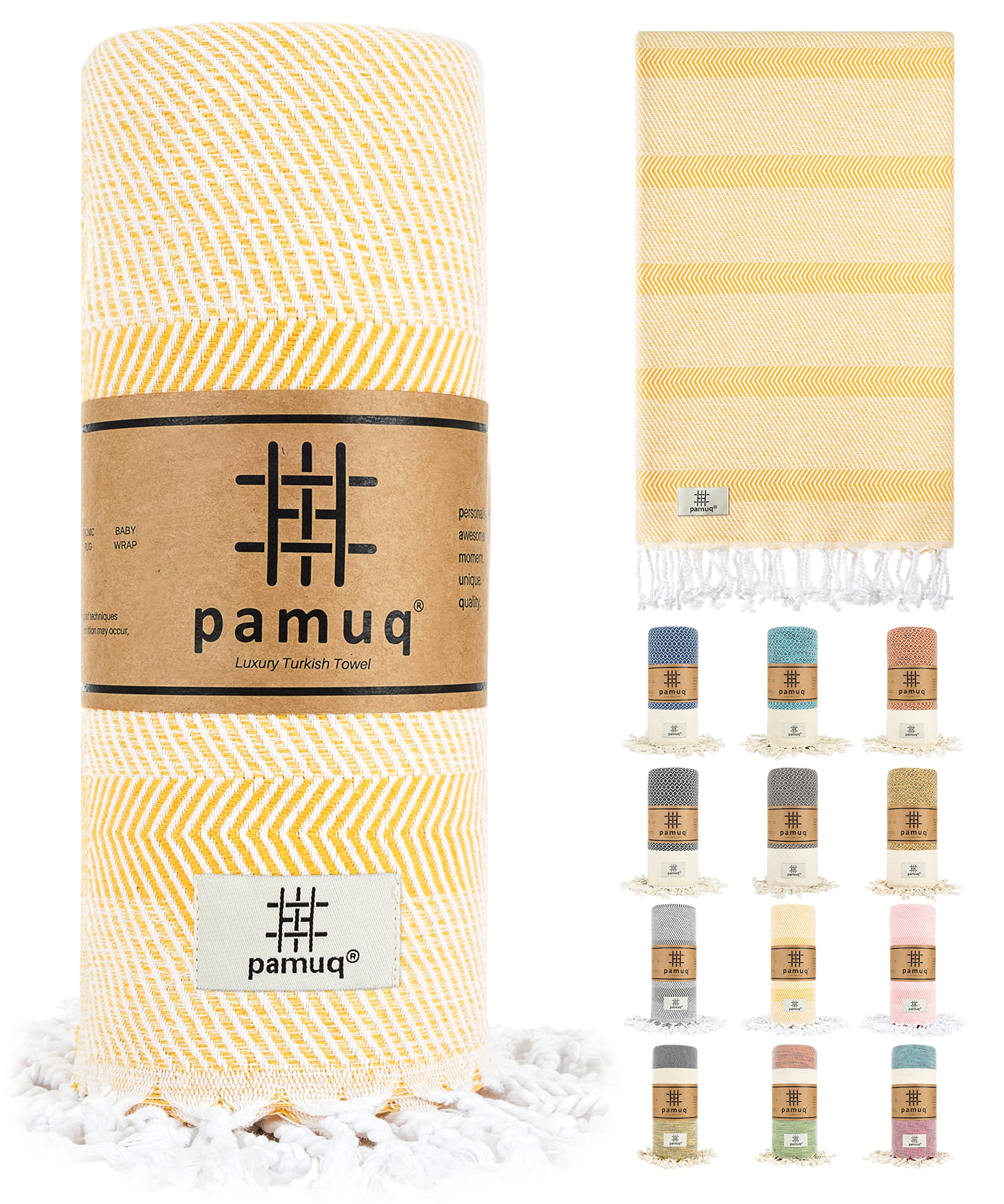 pamuq® Strandtuch XXL – Hamamtuch, Saunatuch, Badetuch & Duschtuch aus Baumwolle, handgemacht, leicht, saugstark, schnelltrocknend, Oeko-TEX® Zertifiziert, Yogatuch, Pareo, Pestemal gelb gestreift