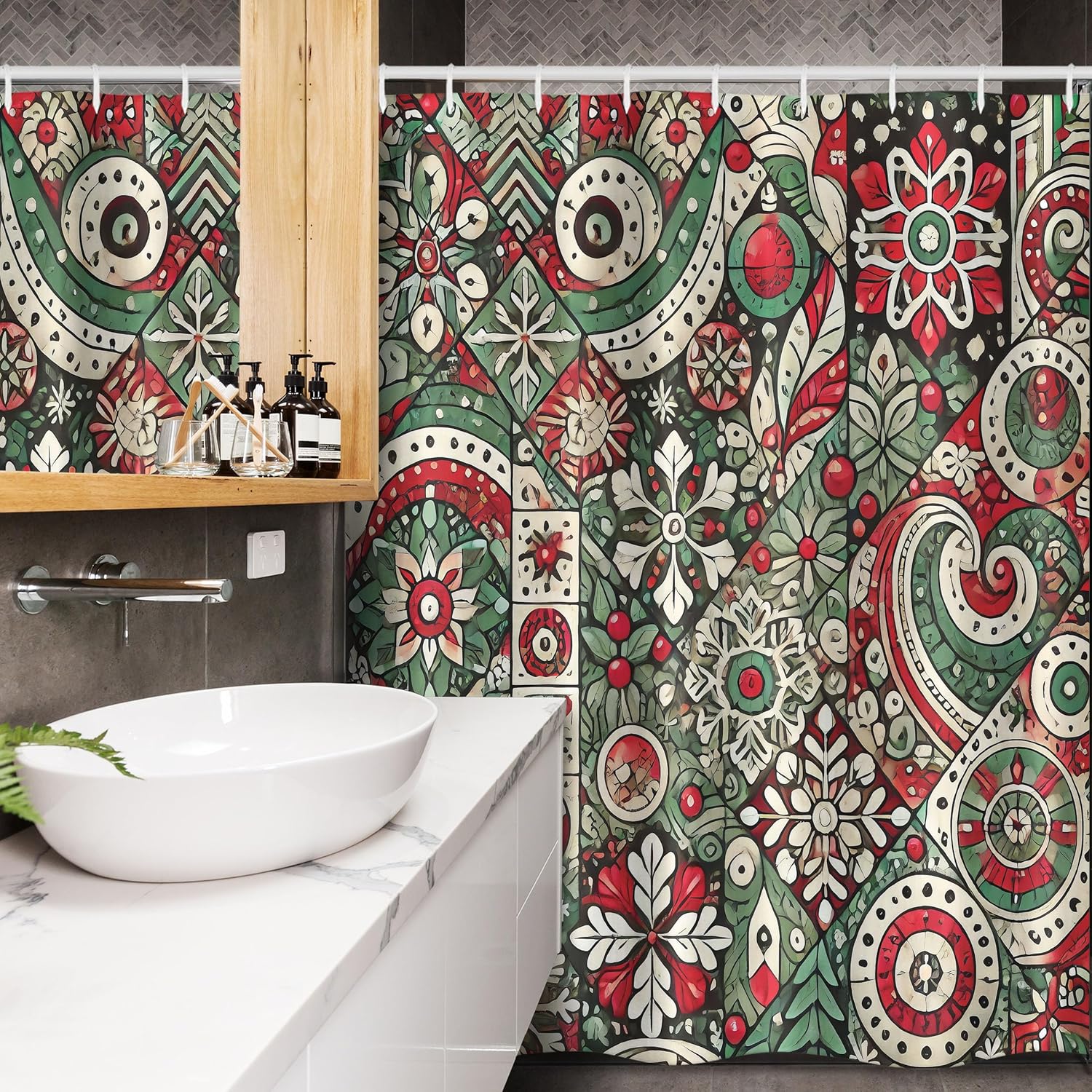 Ambesonne Christmas Stall Shower Curtain, Jumble Design of Leafy Atmosphere Xmas Floral and Winter Bells Party, Fabric Bathroom Decor Set with Hooks, 54" W x 78" L, Dark Pink Laurel Green