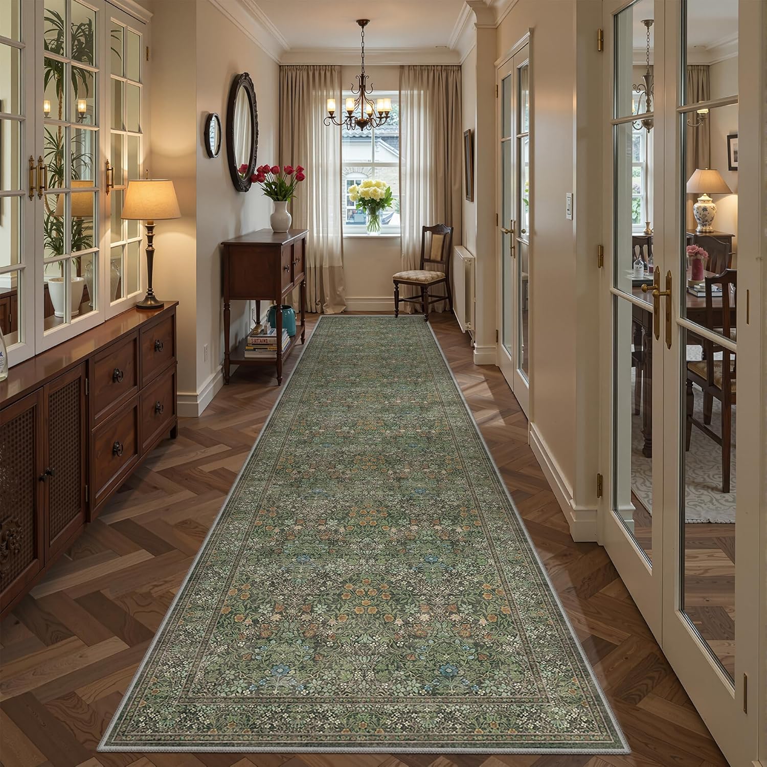 2x10 Runner Rug, Green Floral Rug for Hallway,Washable Long Bathroom Rugs Runner with Rubber Backing, Low Pile Soft Carpet Runner Indoor for Living Room, Bedroom(2'x10', Dark Green)