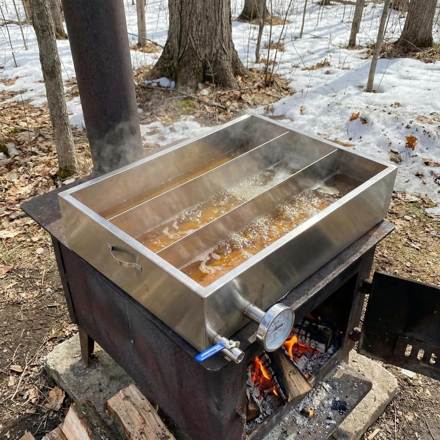 Sliner Maple Syrup Evaporator Pan 30x20x6 Inch Maple Syrup Boiling Pan 304 Stainless Steel with 2 Valves and Thermometer for Home Outdoor Syrups Making Supplies