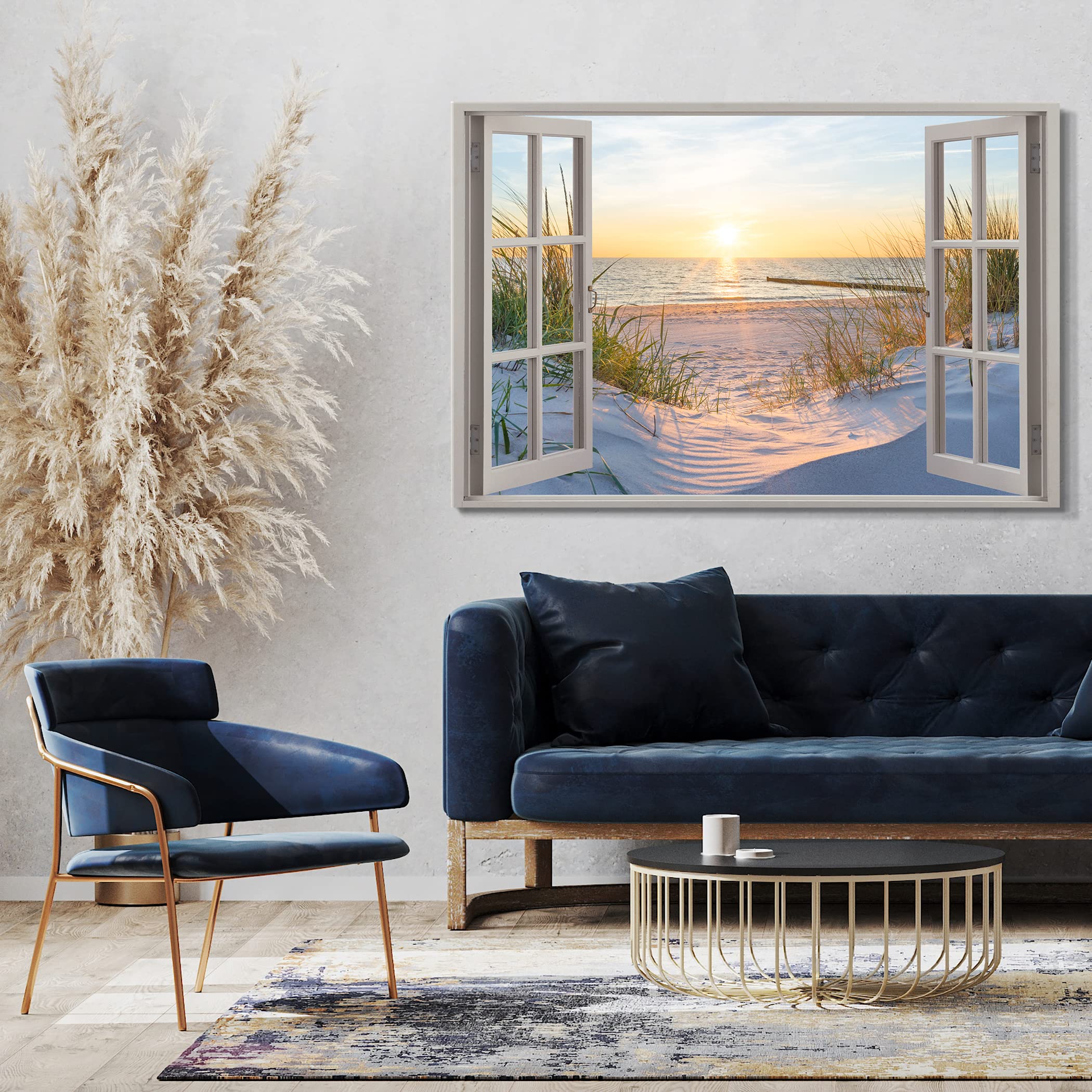 Printistico Impression sur toile (120x80 cm) vue depuis la fenêtre - plage, mer, sable, coucher de soleil, vacances, photographie nature, cadre en bois véritable avec crochet,