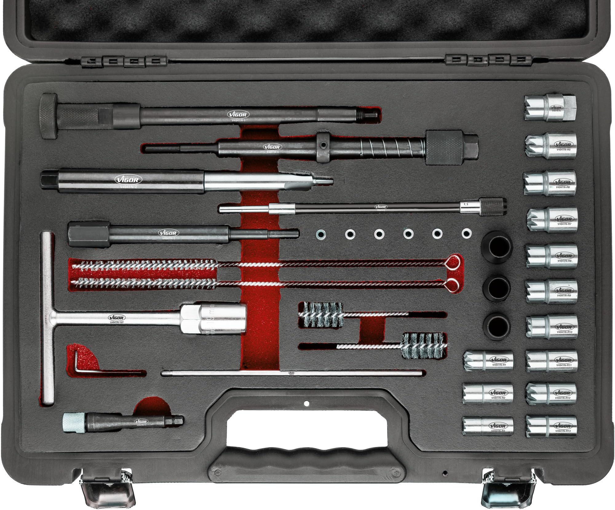 ViGOR V4941N Kit de nettoyage de puits d'injection, pour moteurs diesel à injection directe et Common Rail, y compris couronnes de centrage et bouchons, pour injecteurs Bosch et Delphi'.