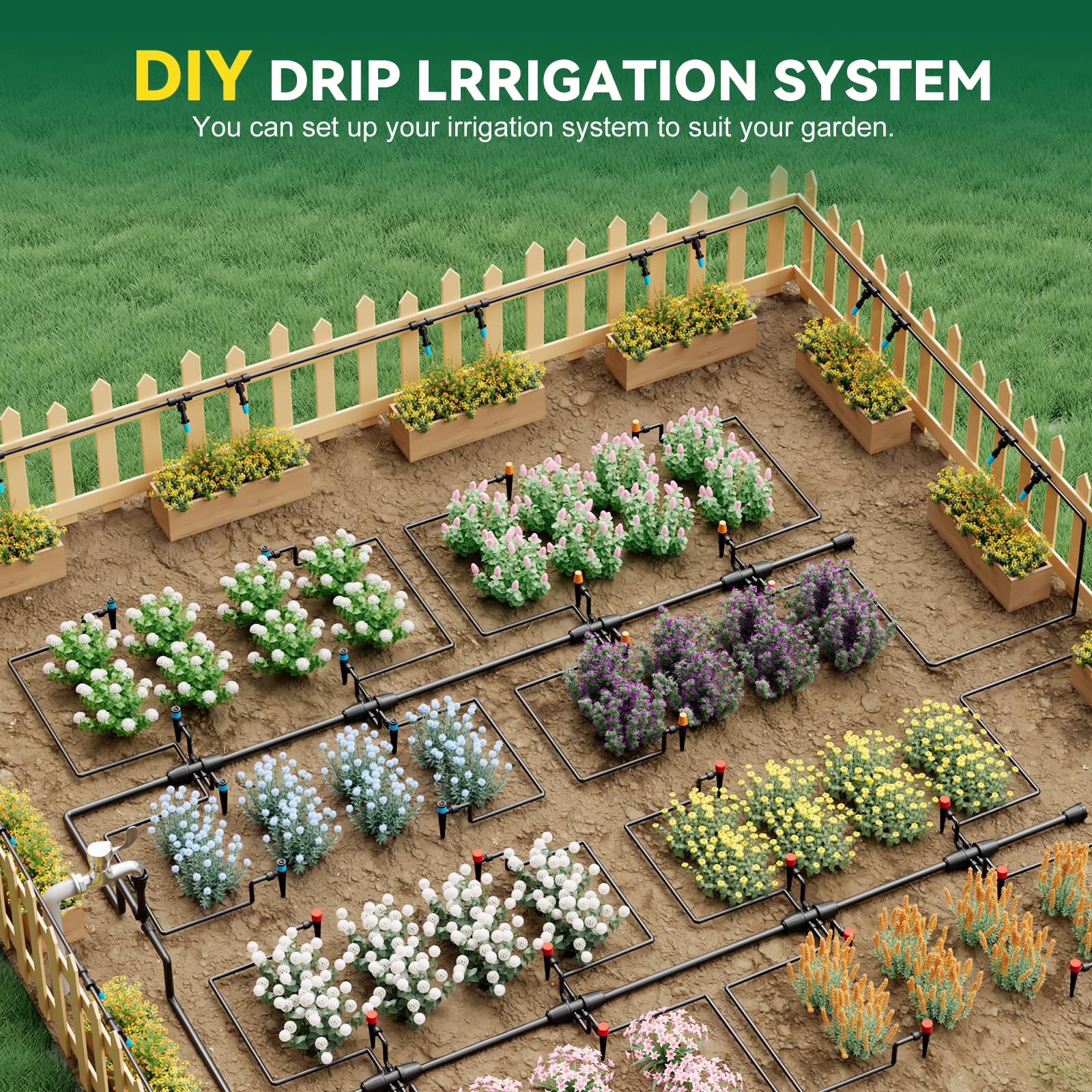 Kit sistema di irrigazione a goccia per giardino (tubo principale da 4,6 m + tubo da 1,9 m da 1/4")