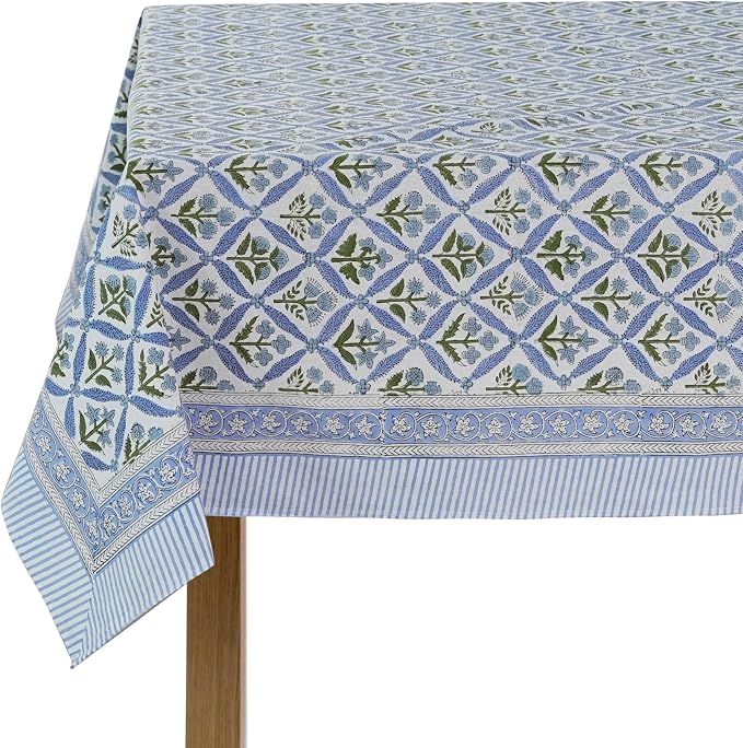 Ridhi Steel Blue 70x108 Inches Rectangle 100% Cotton Hand Block Print Tablecloth Washable Halloween Thanksgiving/Christmas Parties/Wedding Use,Fall décor Farmhouse Dining Dinner Tablecloth