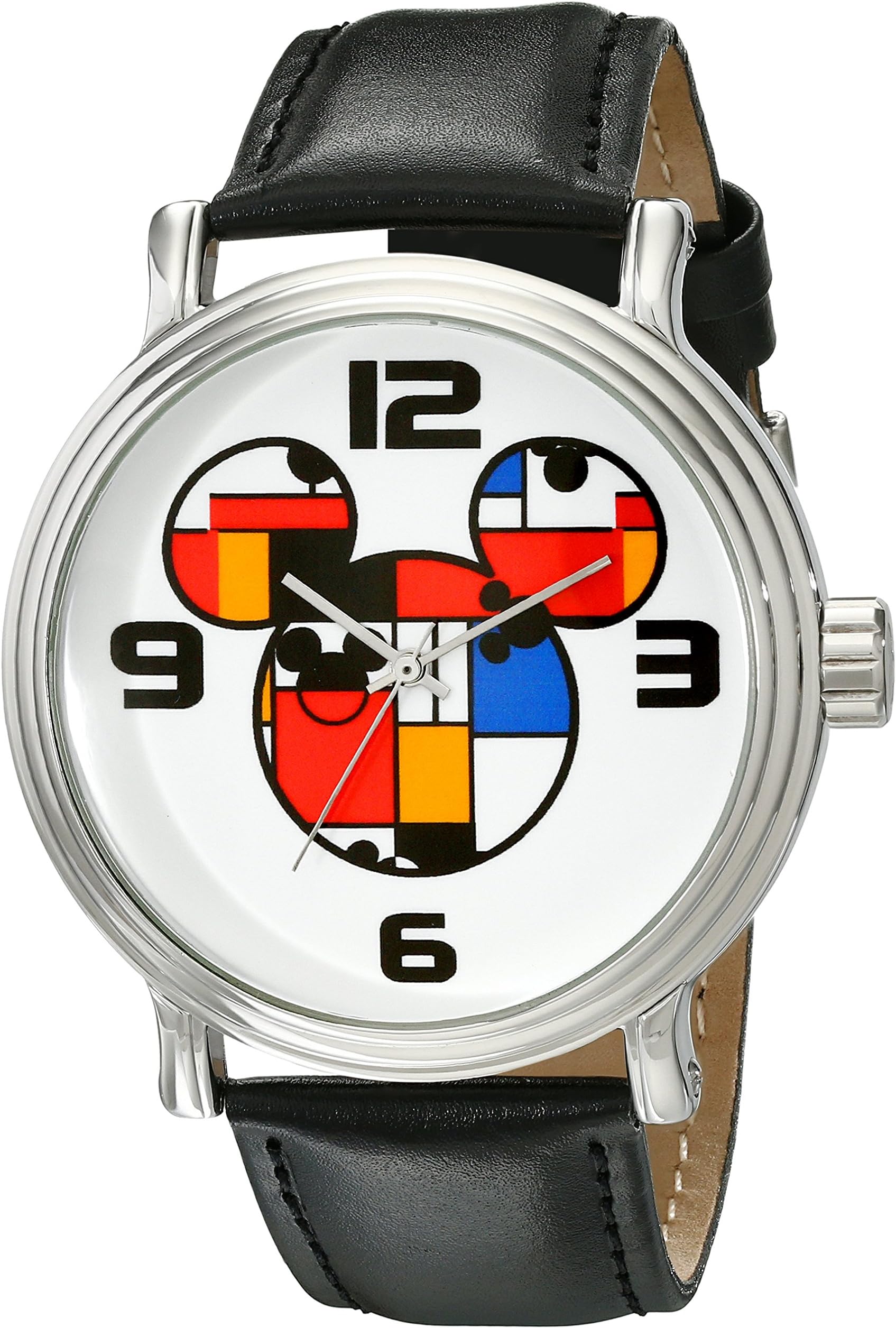 Disney Full Color Mickey Mouse Head Silhouette Watch for Men – Iconic Mickey Mouse Watches for Men – Stylish Watch – Classic Watches with Silver Dial & Black Leather Bracelet