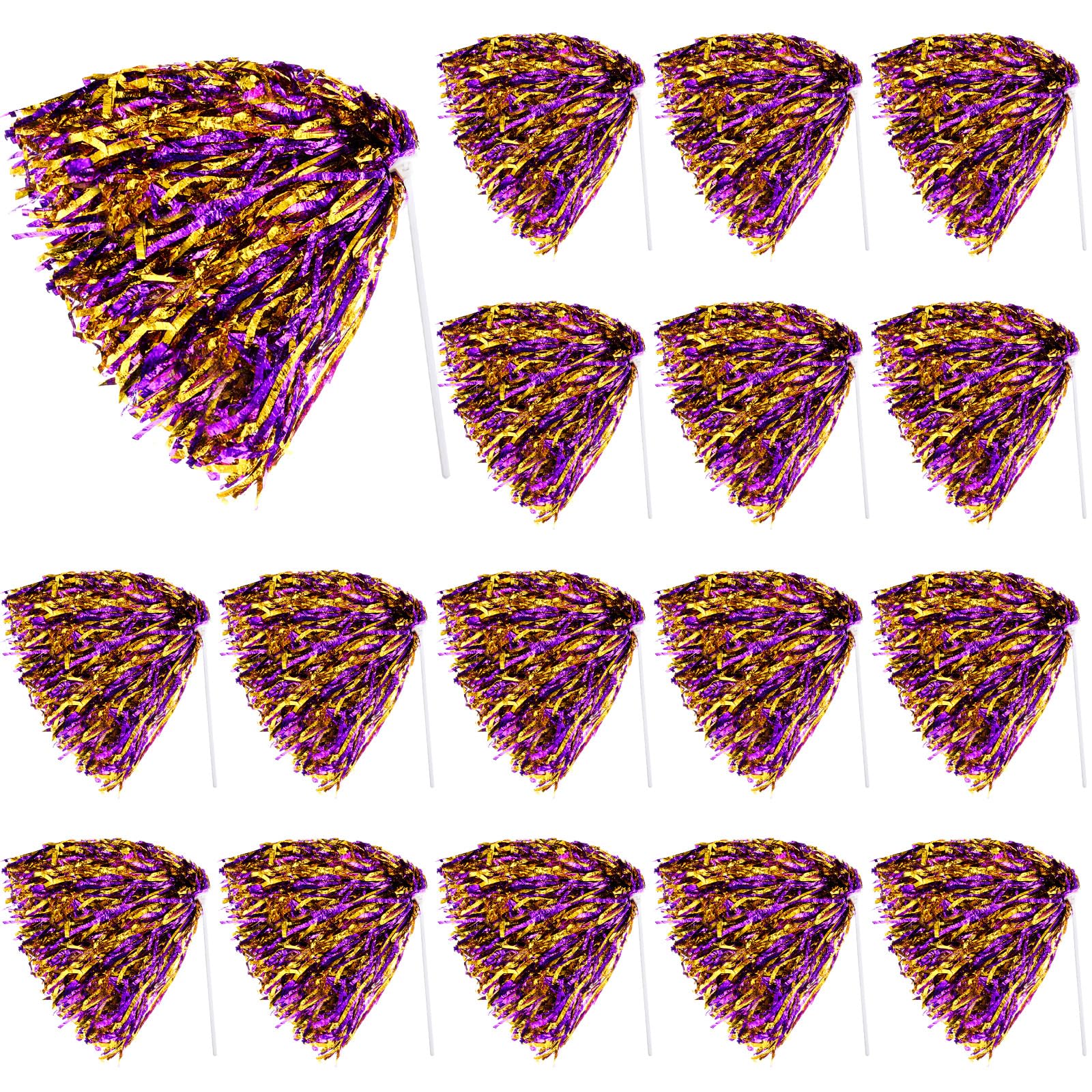 Vinsot 20 Pcs Purple Gold Cheerleading Pom Poms Bulk Metallic Foil Pom Poms with Plastic Long Handles School Spirit Shakers for Spirit Sports Team Squad Dance Football Basketball Club Celebration