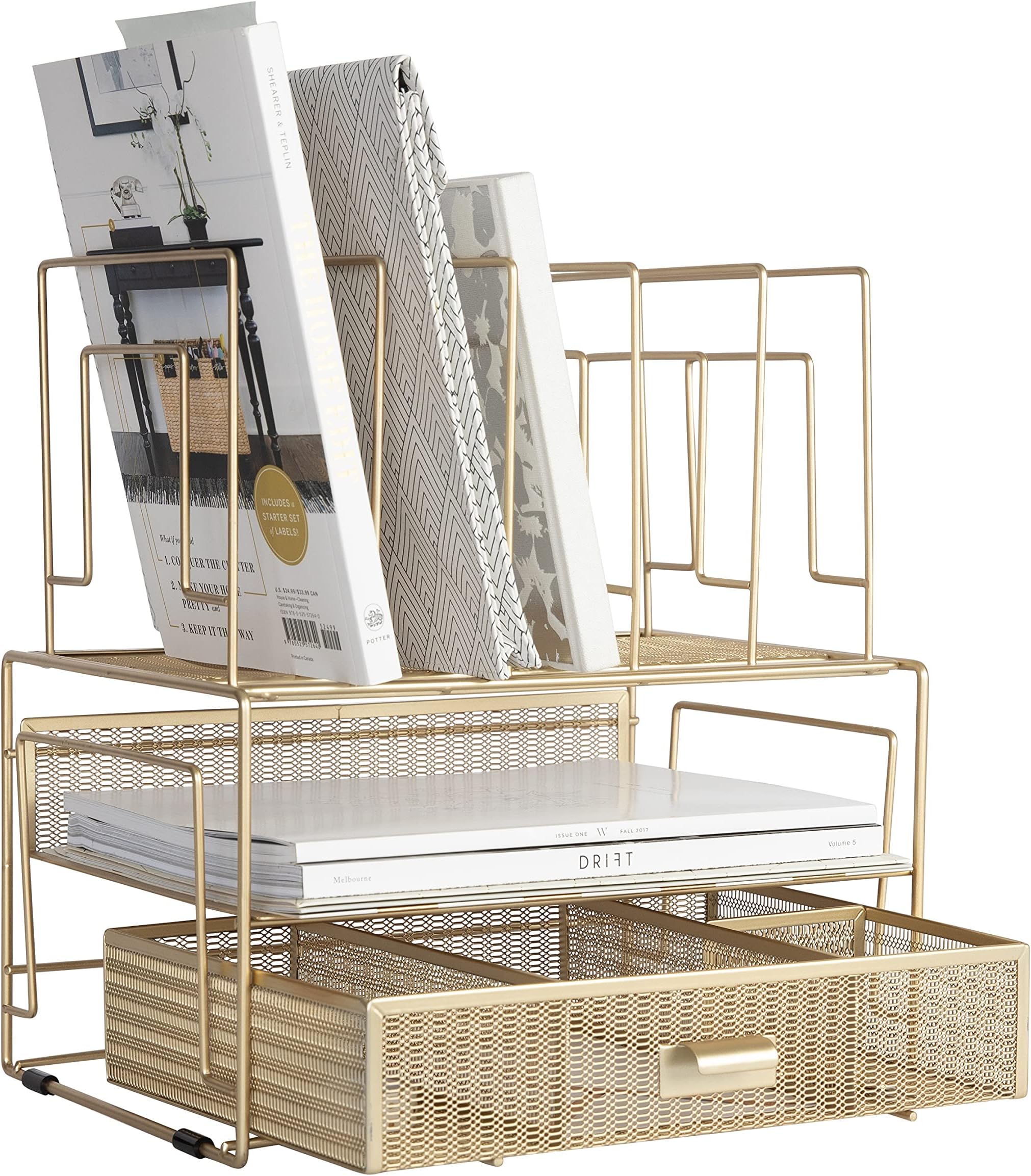 Workspace Gold Desk Organizer and Accessories Desktop Rack with File Holder Sorters and Drawer for Office Supplies, Paper, Device and Folder