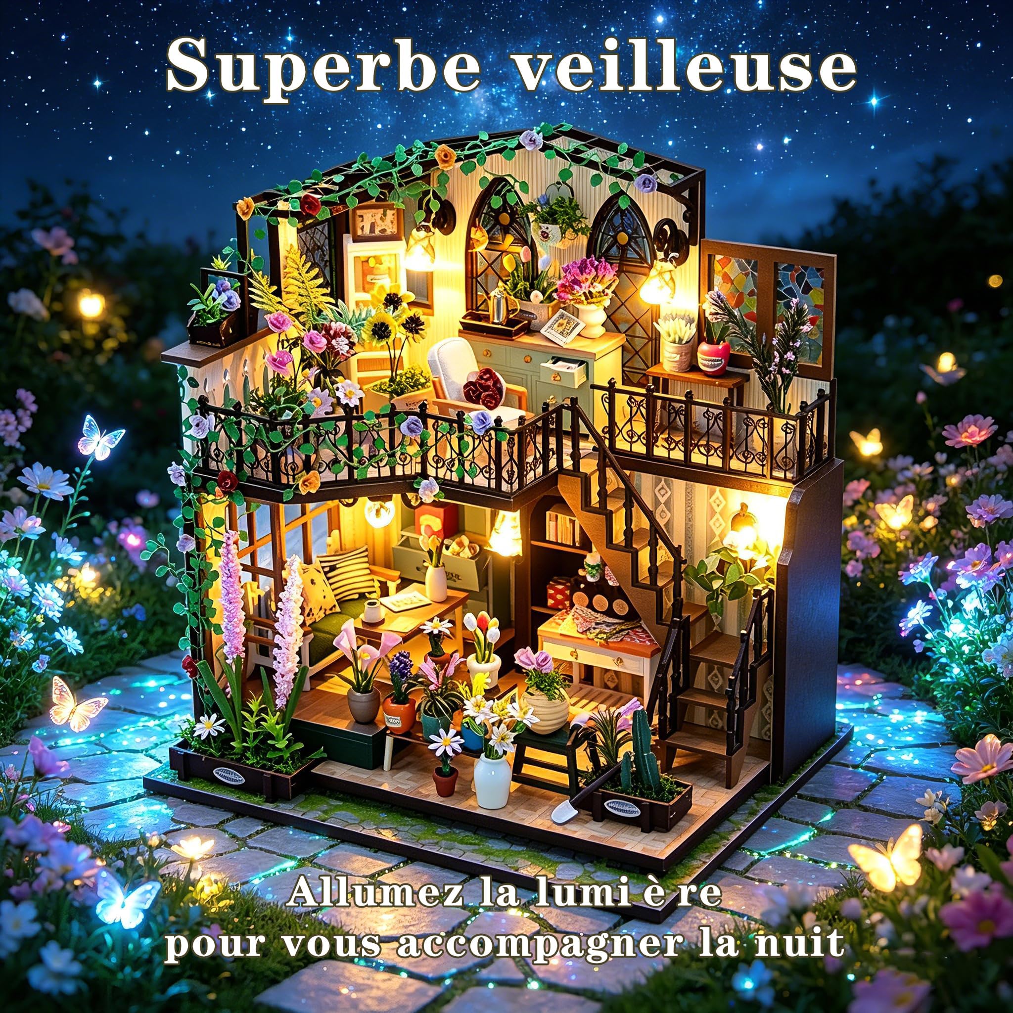 Maison Miniature de Poupée Boutique de Fleurs Kit Bois DIY avec Lumière LED Book Nook Décoration Bibliothèque pour Passionnés de Miniatures Adultes Cadeau Anniversaire