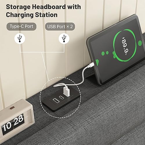 Miniatura 8 de EnHomee Base de cama tamaño King con cabecera tapizada de tela, marco de cama King con cabecera de almacenamiento y 3 estaciones de carga, listones
