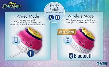 eKids Disney Encanto Bluetooth Headphones with EZ Link, Wireless Headphones with Microphone and Aux Cord, Kids Earphones for School, Home, or Travel