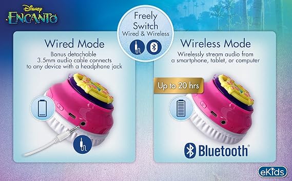 eKids Disney Encanto Bluetooth Headphones with EZ Link, Wireless Headphones with Microphone and Aux Cord, Kids Earphones for School, Home, or Travel