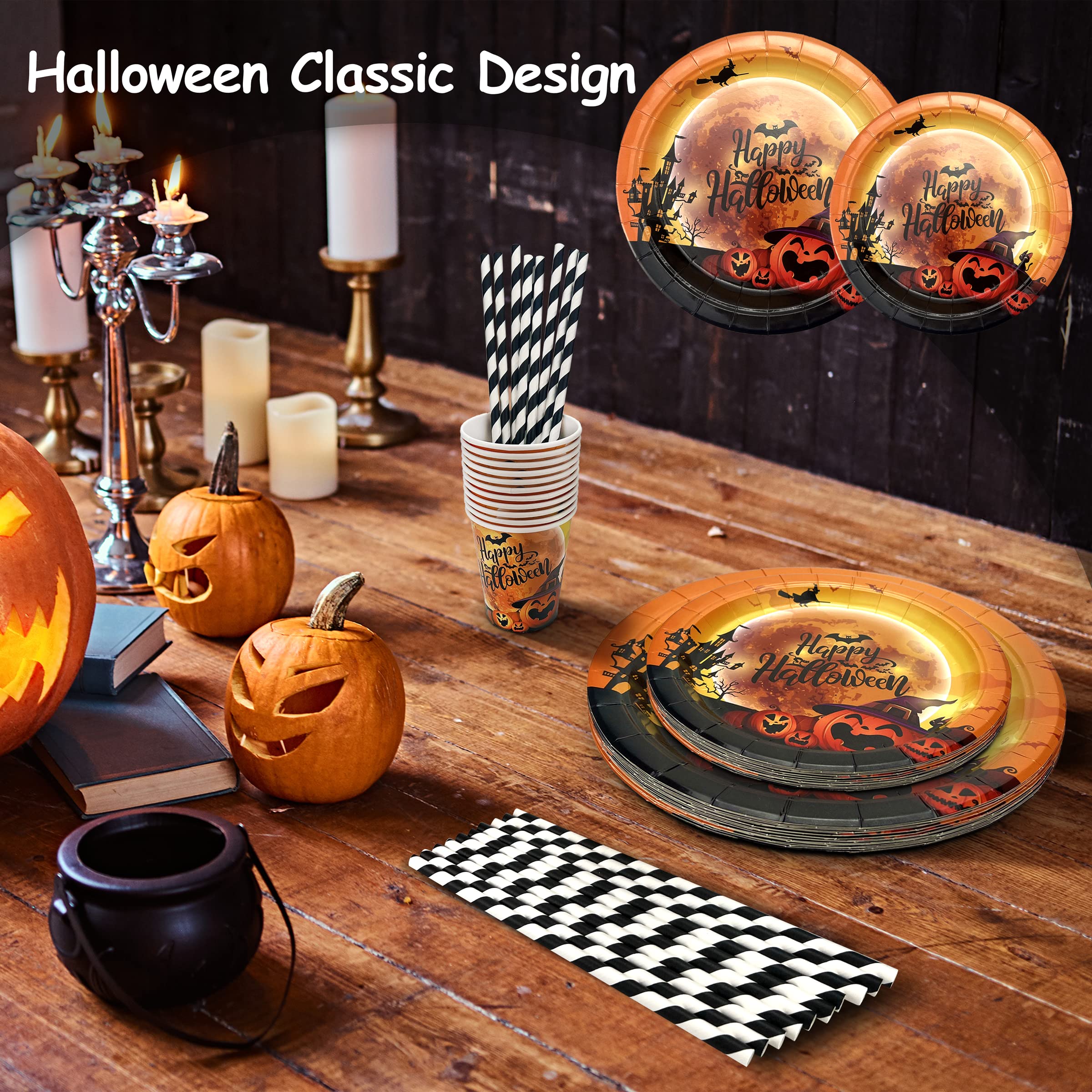 Halloween Geschirr Set – 100 Teile, Aus Recycelbarem Papier, Mit Kürbis-Motiven | Für Halloween- & Horrorpartys