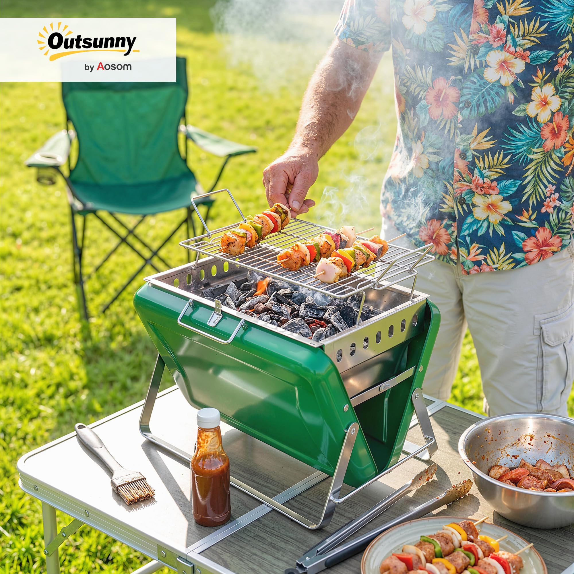 Outsunny Parrilla portátil para barbacoa, parrilla plegable de carbón con asa y patas plegables para camping, jardín, cocina al aire libre, verde oscuro