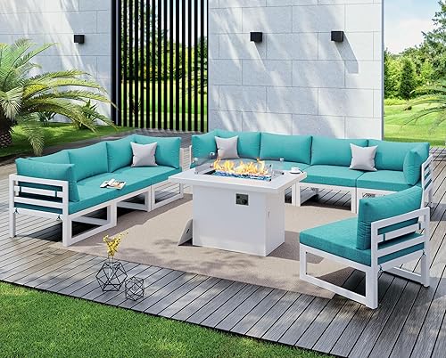 Miniatura 670 de NICESOUL 7 Piece White Powder-Coated Aluminum Patio Furniture with Fire Pit Table, 29 Inch Extra Wide Outdoor Sectional Sofa for 6, High-End Heavy