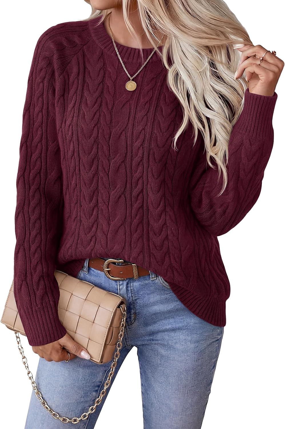 YUCOLEN Women's Chunky Cable Knit Pullover Sweater Crewneck Loose Vintage Casual Fall Long Sleeve Old Money Sweaters