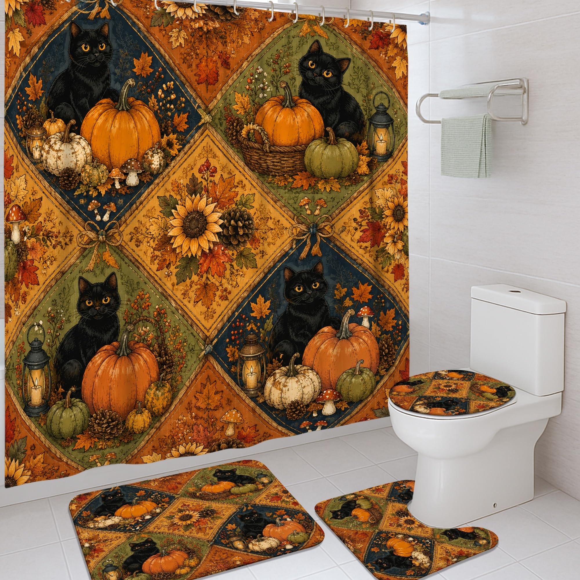 Rideau de douche imperméable anti-moisissure motif chat et citrouilles avec tapis de bain