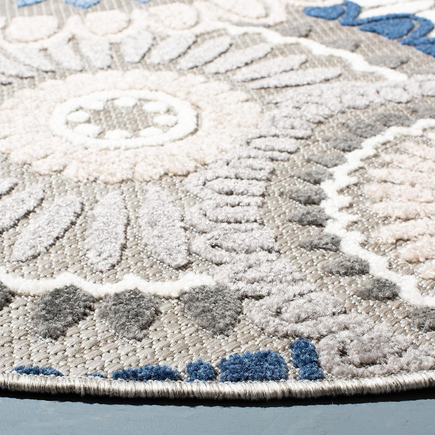 SAFAVIEH Washable Rug Outdoor Cabana Collection - 5'3" Round, Grey & Blue, Non-Shedding & Easy to Clean, Ideal for Patio, Backyard, Mudroom (CBN382G)