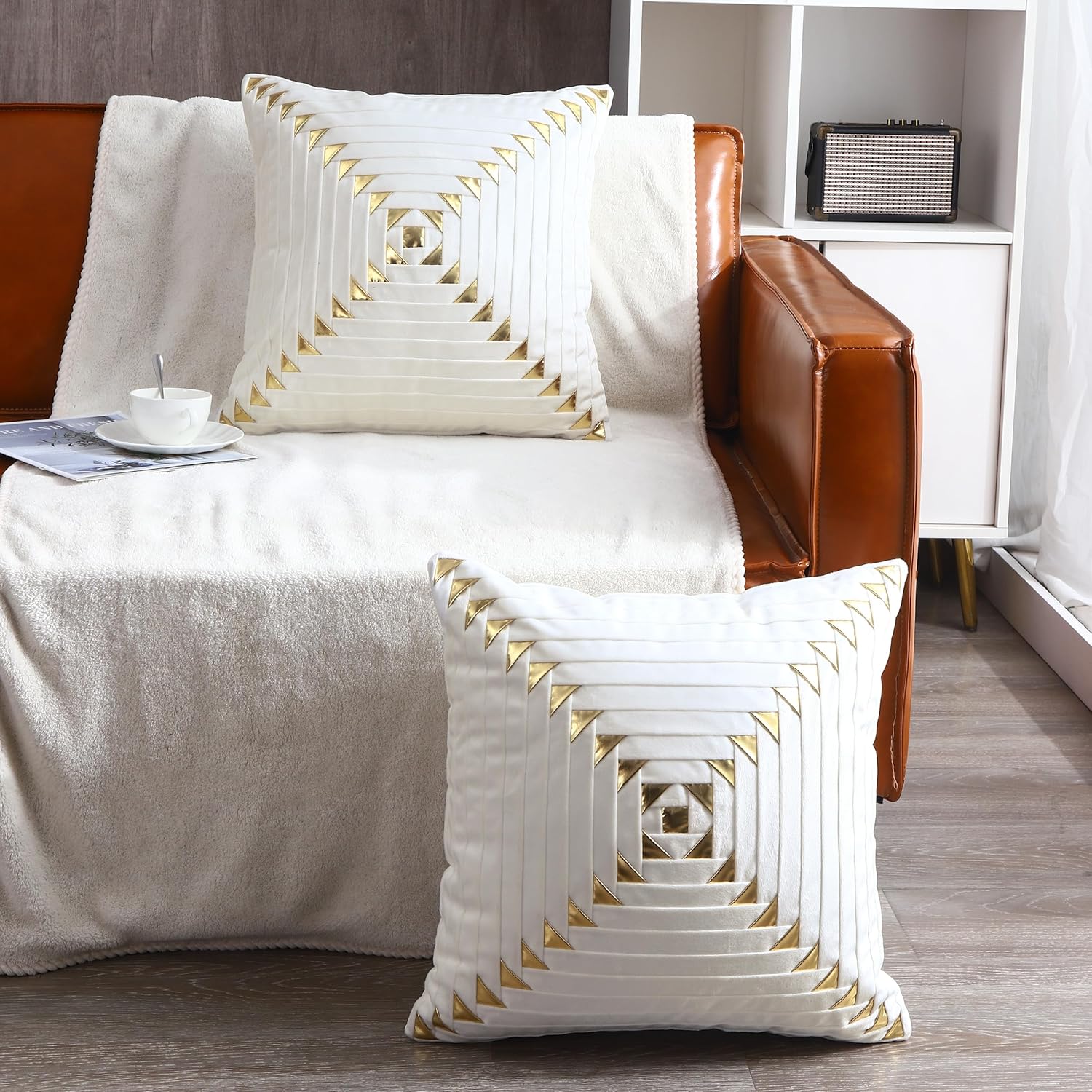 White Velvet Throw Pillow Covers 18x18 inch Pack of 2 with Gold Leather Christmas Decorative Couch Pillow Cover Luxury Modern Soft Pillowcases Spring Summer Home Decor for Sofa Bed Living Room