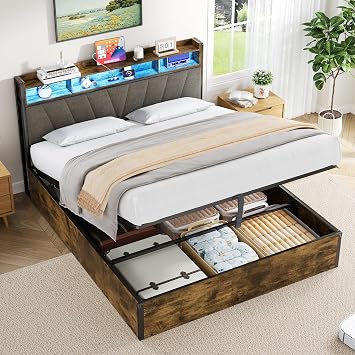 5ft Upholstered King Size Bed Frame with Hydraulic Storage and LED Storage Headboard, Ottoman Bed King Size 150x200 cm with USB Type C, No Box Spring Needed, Linen, Walnut, No Mattress