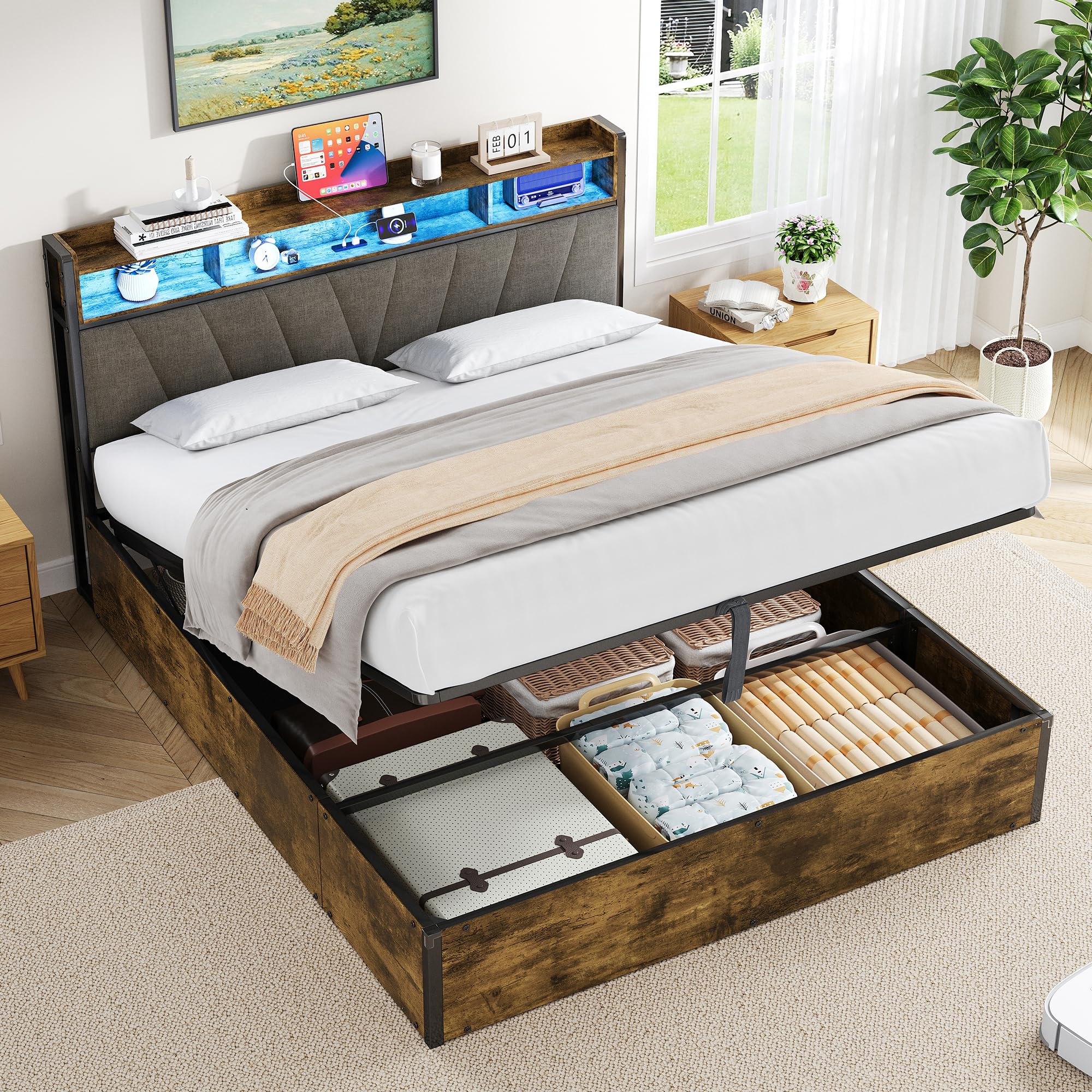 Gxffipw 5ft Upholstered King Size Bed Frame with Hydraulic Storage and LED Storage Headboard, Ottoman Bed King Size 150x200 cm with USB Type C, No Box Spring Needed, Linen, Walnut, No Mattress