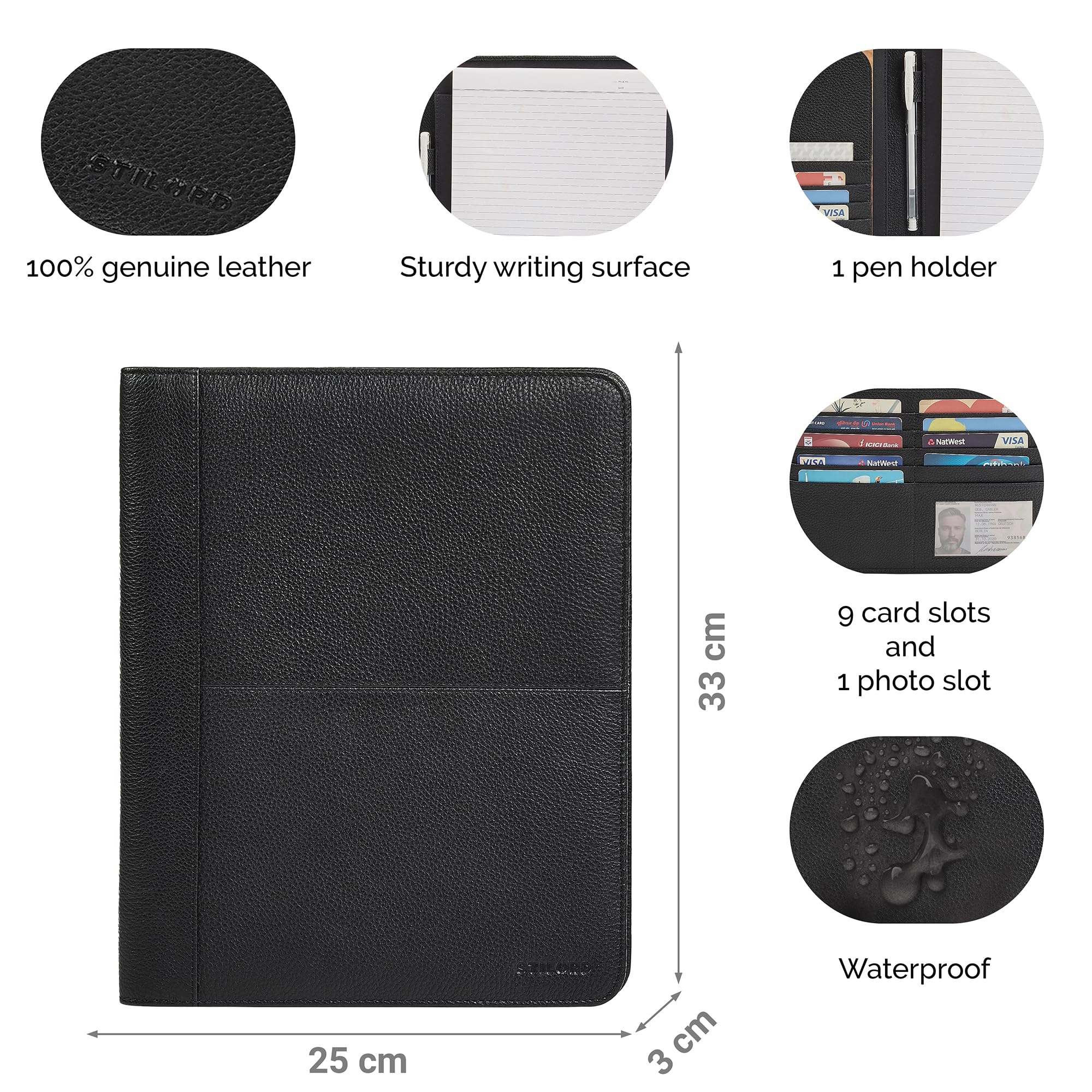 STILORD Emery Conférencier Cuir A4 Porte-Documents avec 9 Emplacements Cartes Pochette Grande Organisateur Professionnelle Bureau Réunion Travail Couleur:Noir
