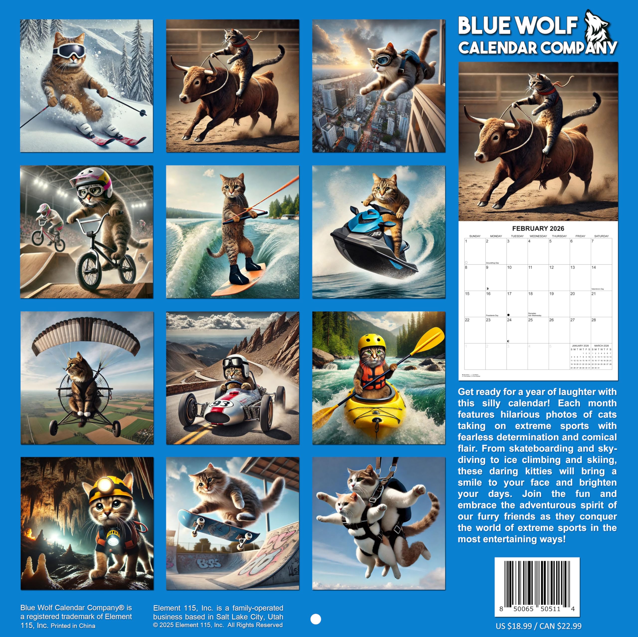 2026 Extreme Sports Cats Monthly Wall Calendar - Funny Gag Gift - Image 2