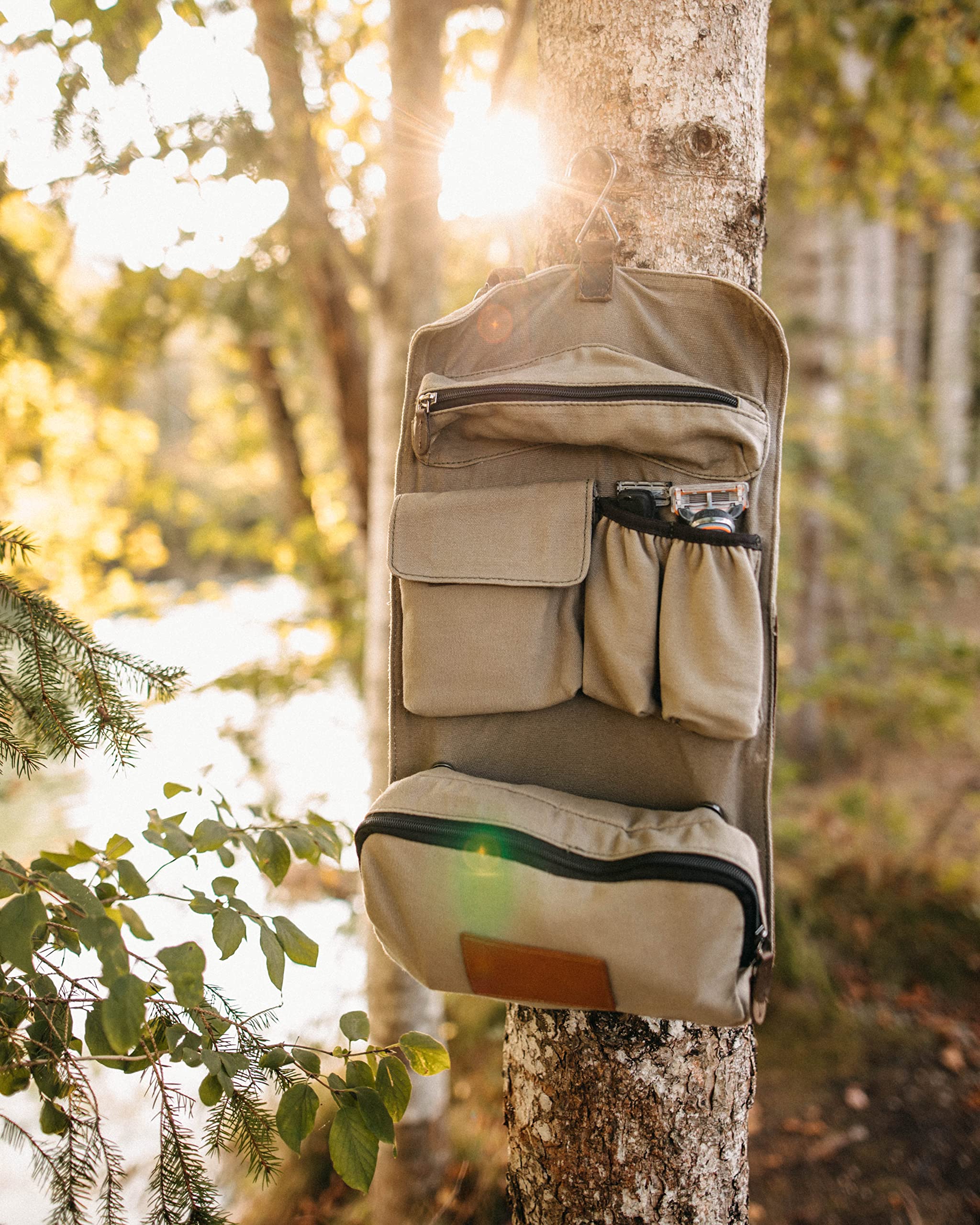 Gusti Waschtasche Leder - Rodney Damen und Herren Kulturtasche zum Aufhängen Kosmetiktasche Kulturbeutel Reise Schminktasche Organizer Toilettenartikel Canvas Khaki Leder