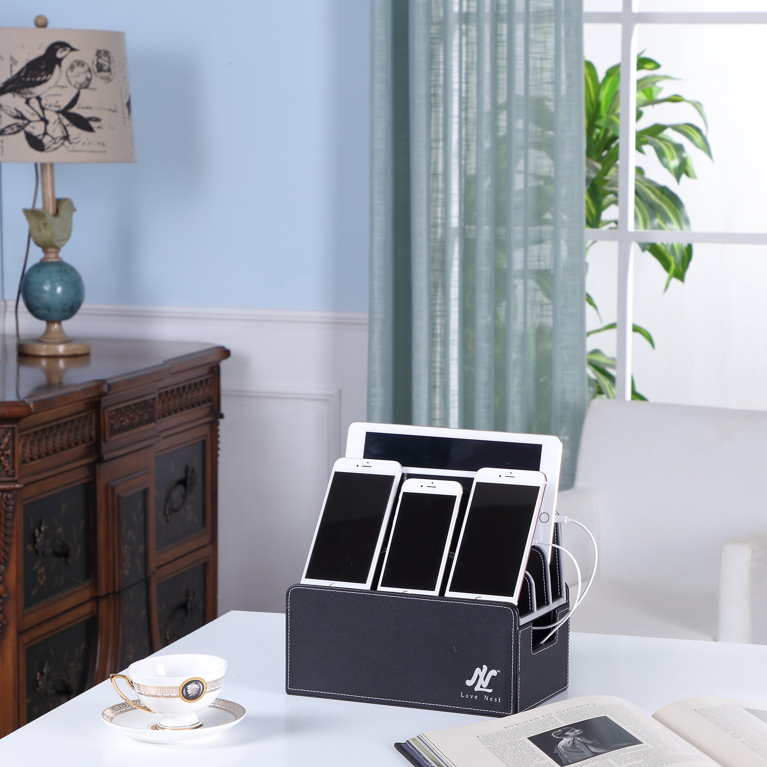 Charging Station PU Black Leather Multi Charging Organizer for iPhone, iWatch, Samsung, GoPro, Smart Phones & Tablets, Multiple USB Device Organizer Like Anker, Apple Watch Stand - Love Nest (Black)