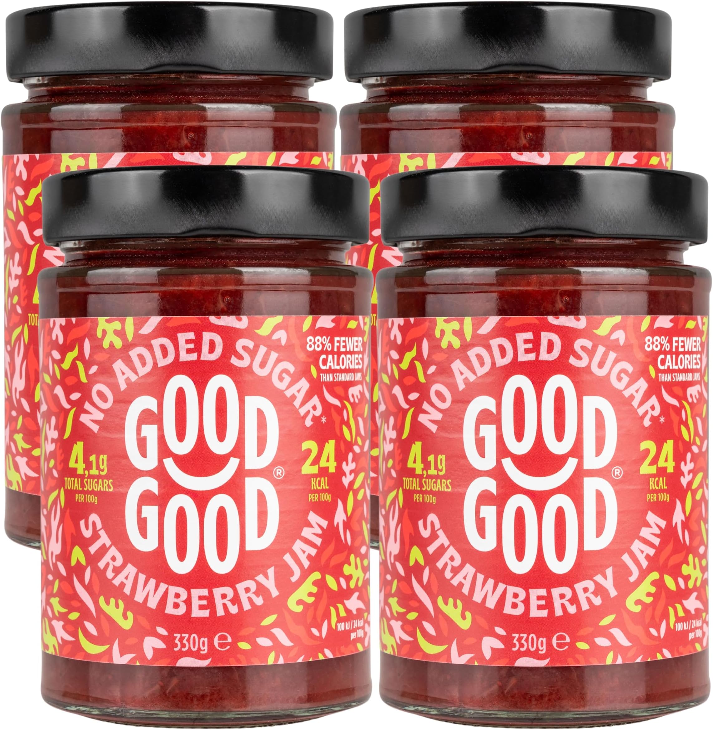 GOOD GOOD Strawberry Jam - No Added Sugar - Low Calorie - Gluten Free and Vegan - Diabetic and Keto Friendly - 12oz / 330g (Pack of 4)