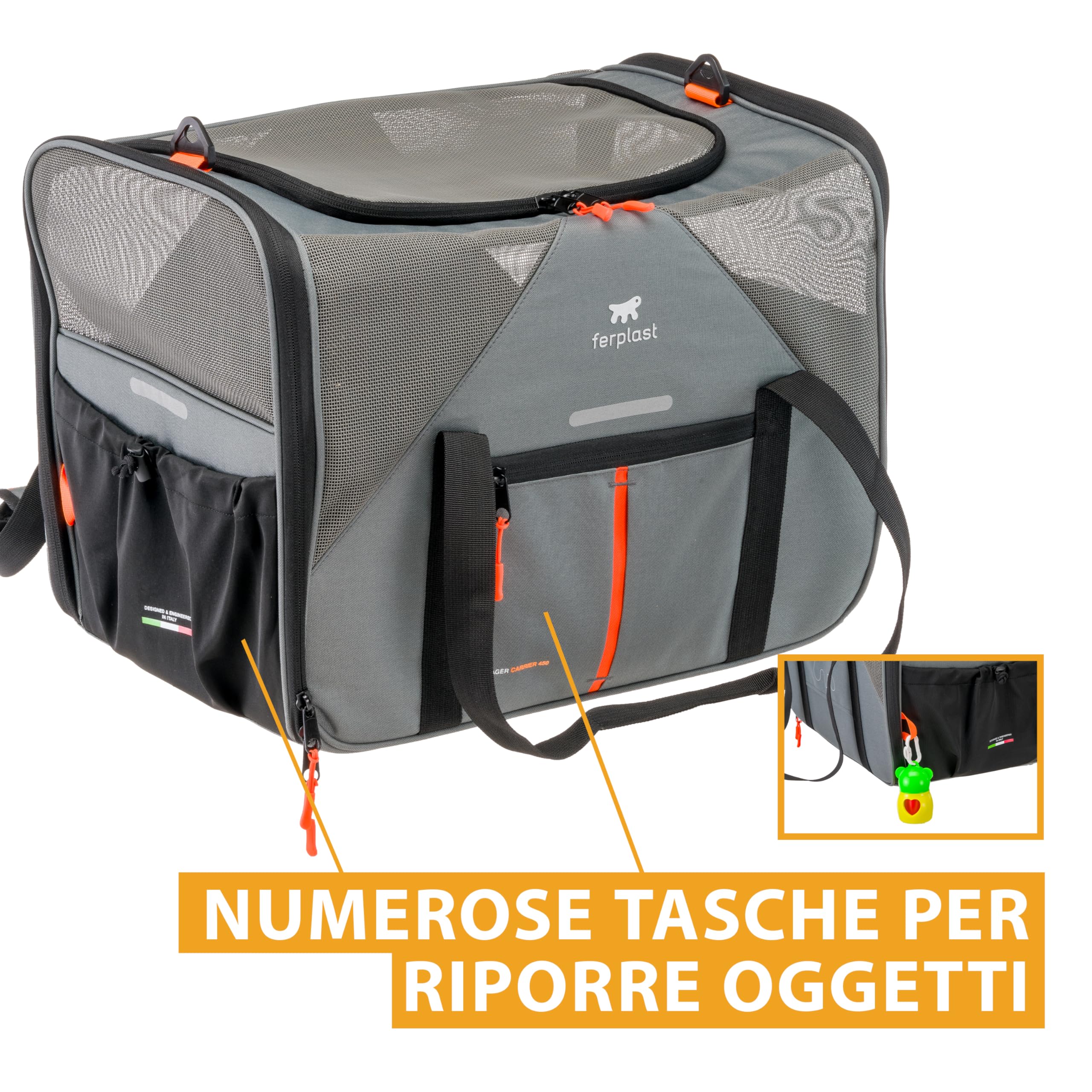Ferplast Trasportino Gatto VOYAGER CARRIER, Trasportino per Cani, Manici e Tracolla Regolabili, Cinghia di Sicurezza, Doppia Apertura laterale, con Cuscino, Max 15 Kg, 50x35x37h cm, Grigio