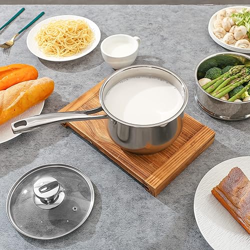 Miniatura 4 de Cacerola de acero inoxidable de 6.3 in  1.5 cuartos de galón con cesta de vapor y tapa de vidrio, sartén para leche, olla para sopa olla pequeña