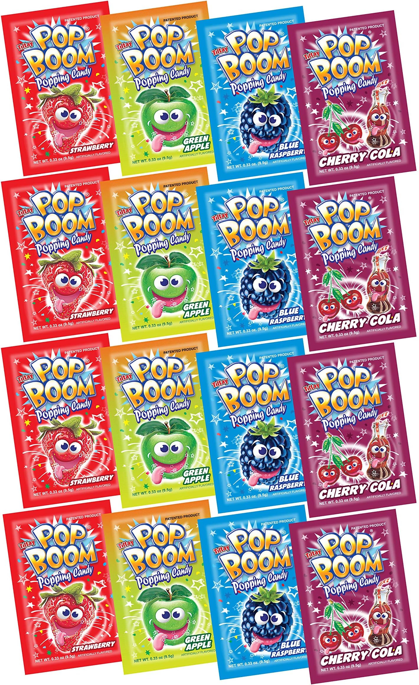 TILTAY POP BOOM Popping Candy – 4 Flavor Assortment, Strawberry, Cherry Cola, Green Apple, Blue Raspberry - 16 Packs, 5.28 Ounce