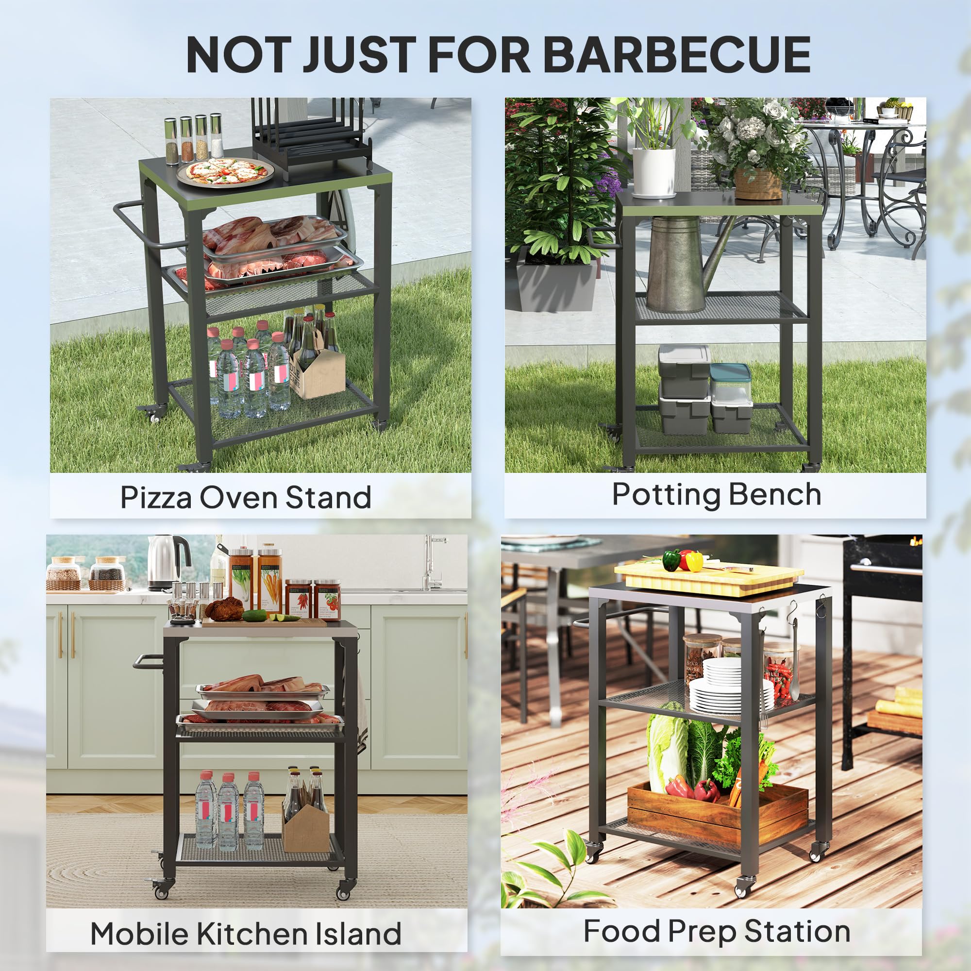 Outsunny Chariot de barbecue d'extérieur à trois étagères avec dessus en acier inoxydable, îlot de cuisine d'extérieur avec 4 roues, 3 crochets, table de four à pizza mobile pour cuisine, jardin, 65,5