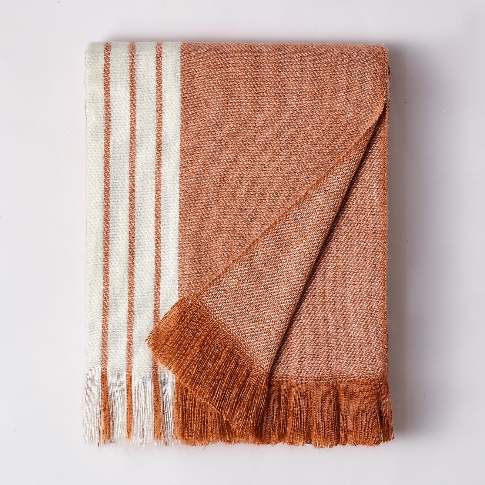 BOURINA Brushed Stripe Knit Fringe Throw Blanket Orange 127x152cm โ image 1