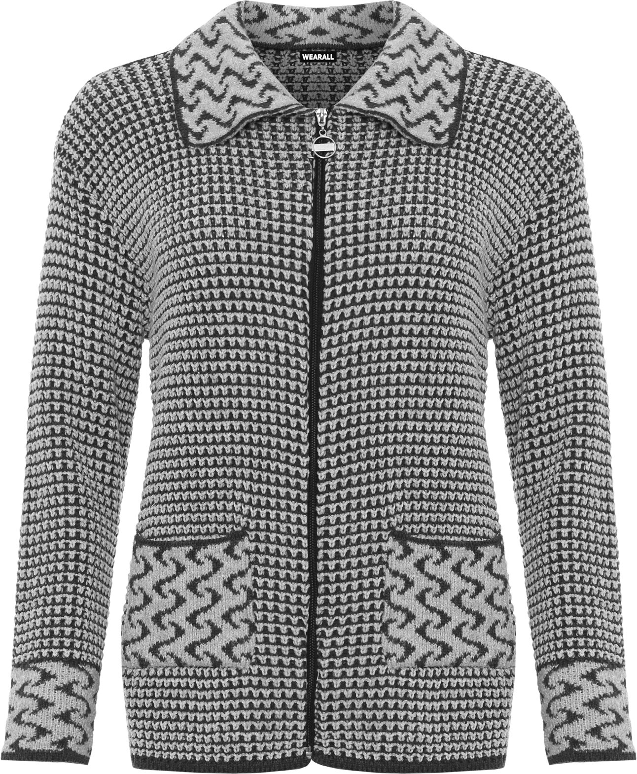 WearAll Women's Plus Womens Long Sleeve Knitted Cardigan Ladies Zip Pocket Leopard Collar Jumper Jacket - Light Grey - 20-22