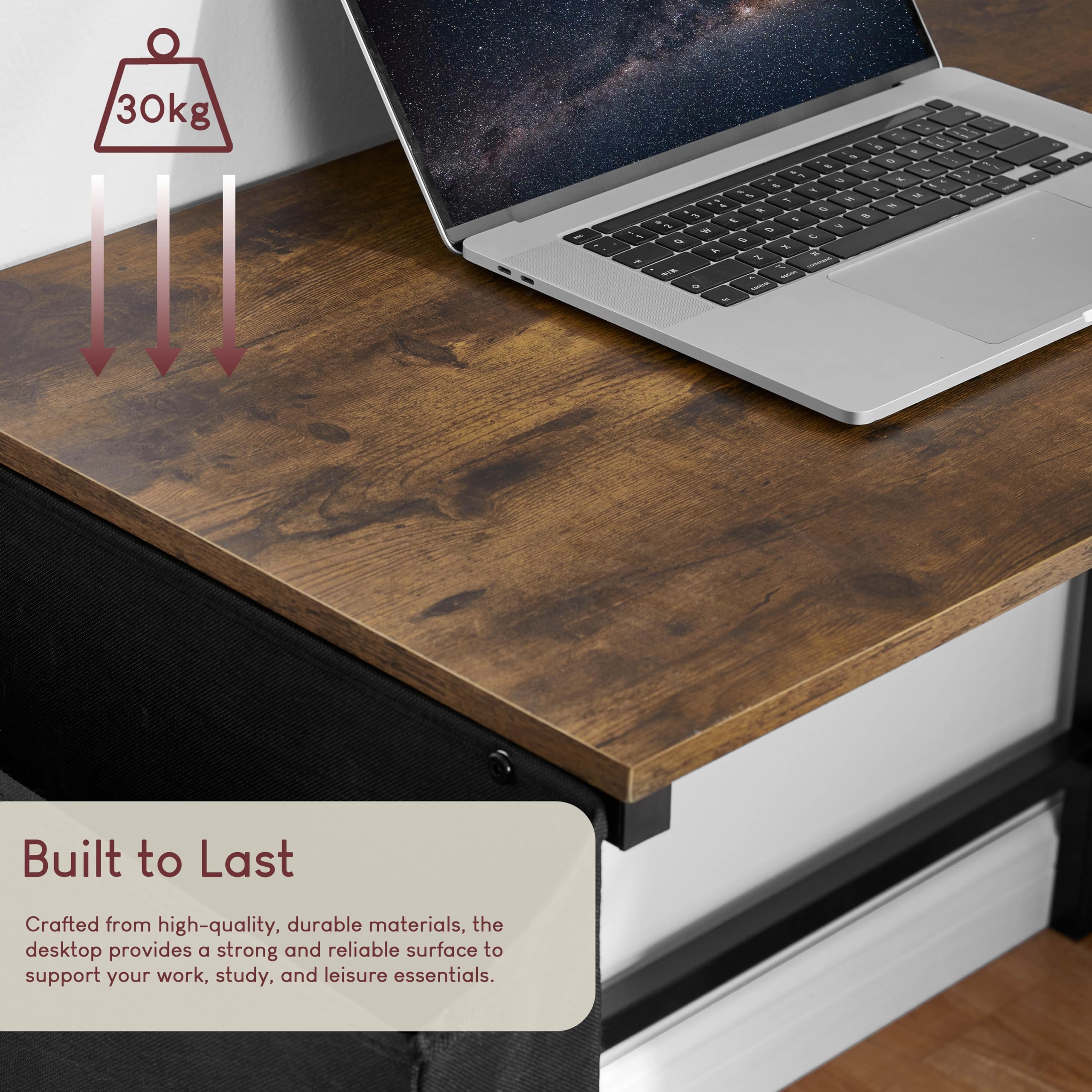 Vida Designs Brooklyn - Scrivania per computer piccola, 112 cm, con contenitore, per casa e ufficio, postazione di lavoro in stile industriale moderno (legno scuro)