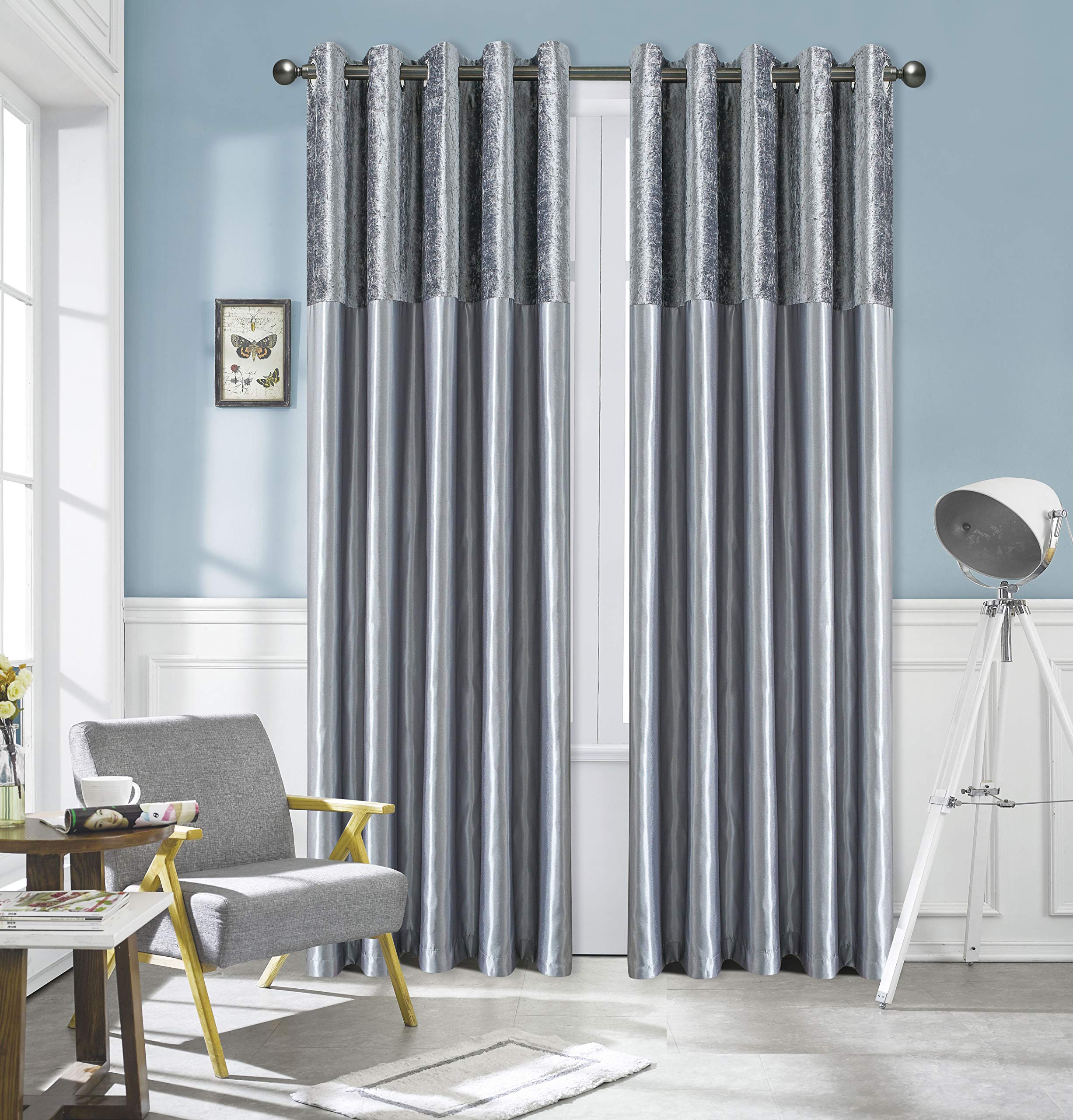 ROOEE Crushed Velvet Faux Silk Curtains - Eyelet Ring Top and Fully Lined (Silver, 46" Wide x 54" Drop)