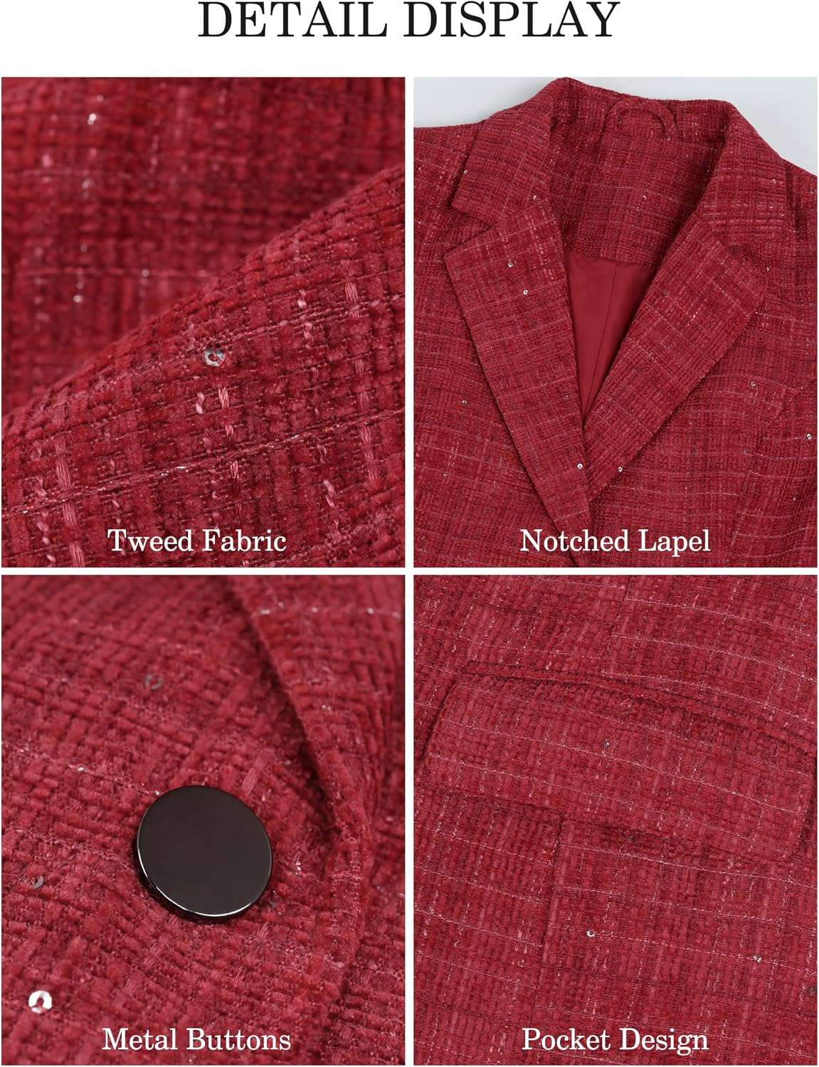 Womens Tweed Blazer Jackets Casual Open Front Long Sleeve Plaid Sequin Business Office Blazers Dressy Suit Jacket