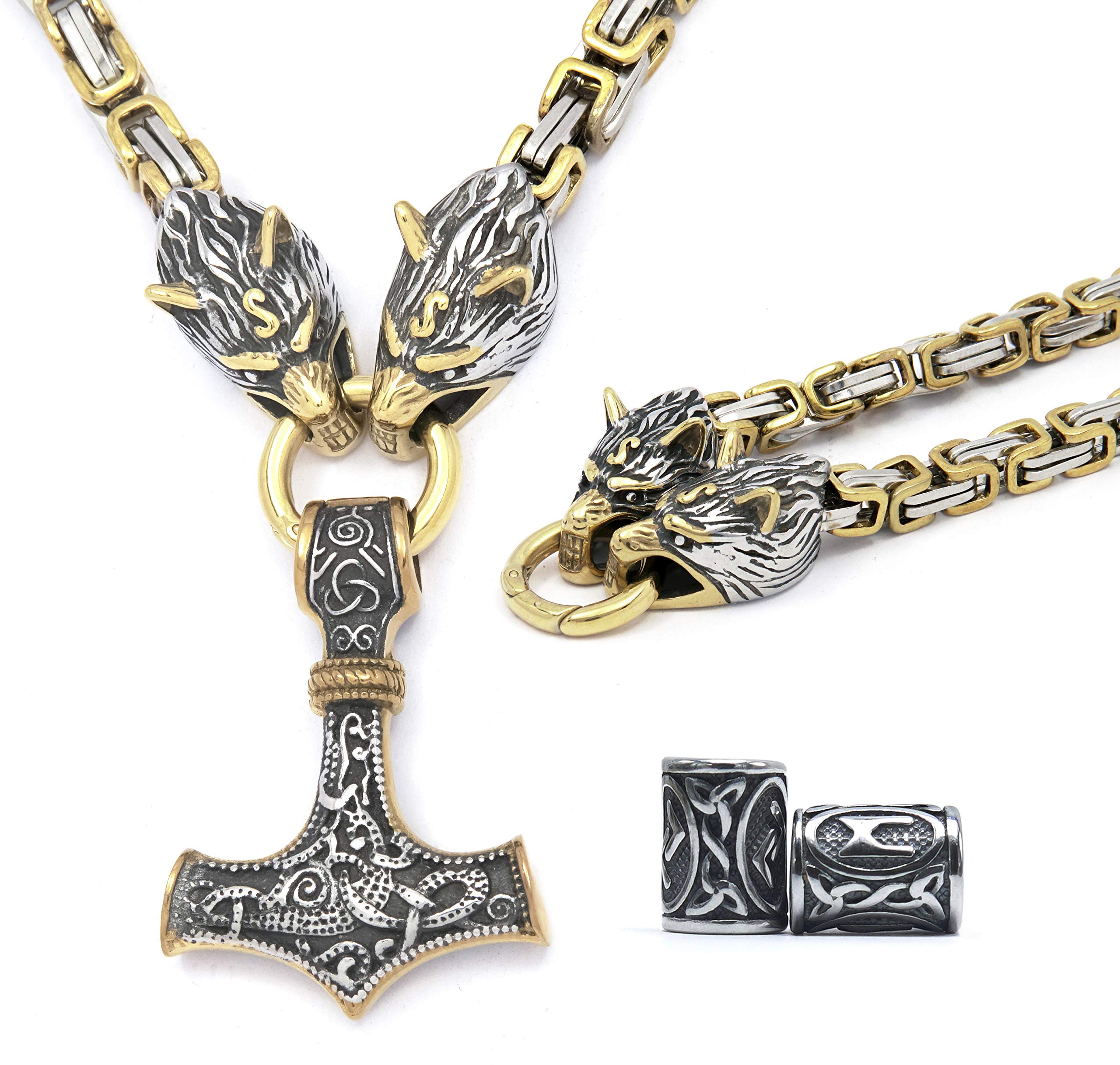 18k Gold Plated Stainless Steel Viking Thor Hammer Necklace Wolf Head Byzantine King Chain Asatru Norse Pagan Jewelry Men Women
